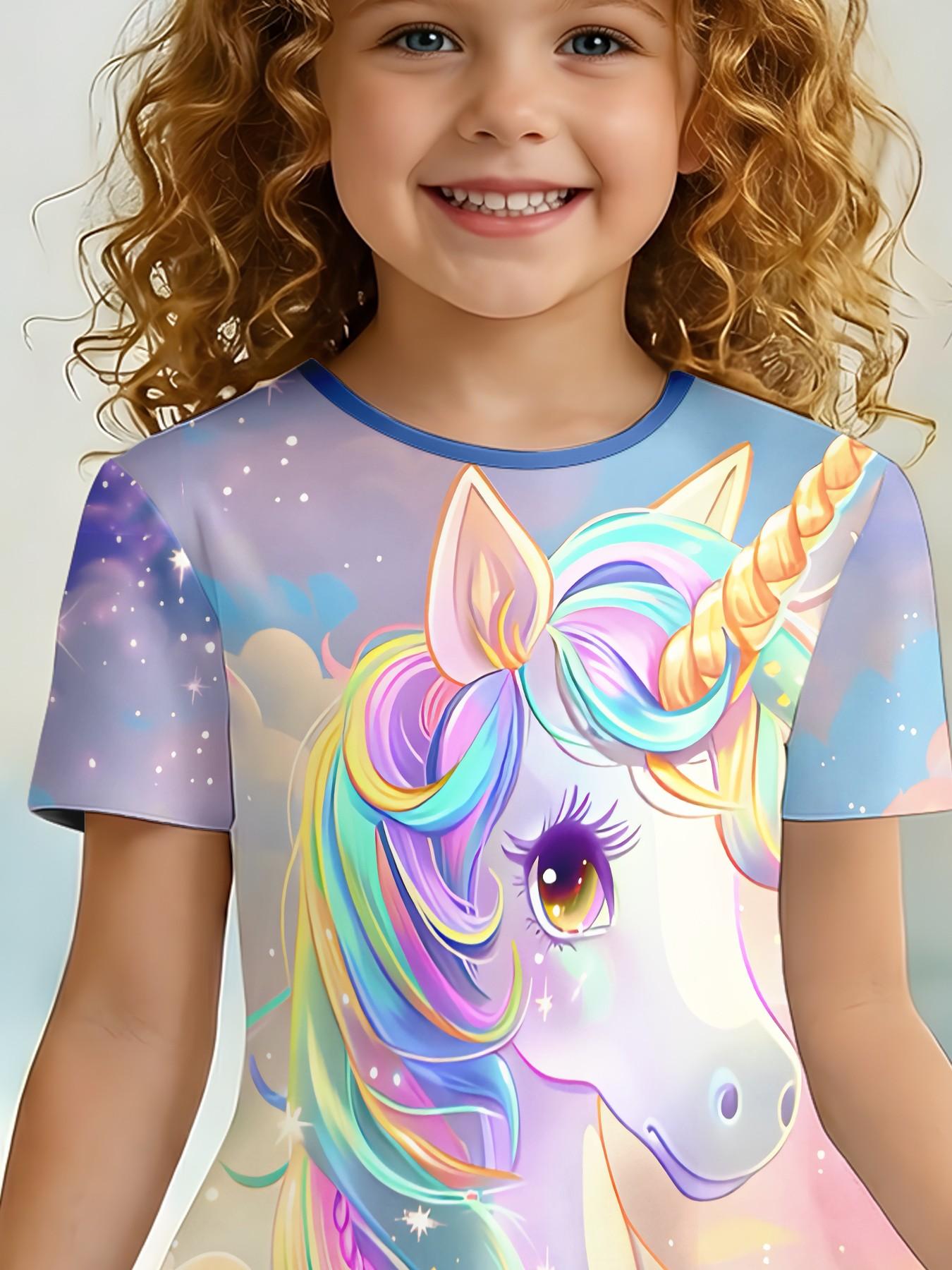 Girls' Rainbow Unicorn Dress, Summer Short Sleeve Cartoon Print, Knee-Length A-Line Princess Dress, Casual Fitted Asymmetrical Design