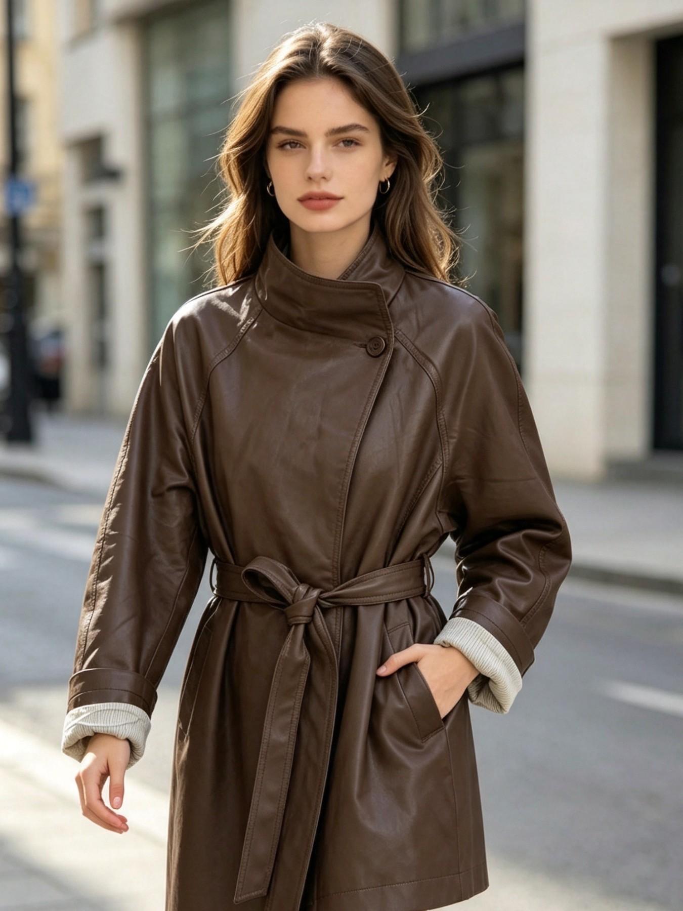 Mead Vintage Windbreaker Women's Autumn New Stand Collar Wrap Tie Waist Mid-Length Coat Loose Fit Foldable Sleeve Small Size Chic Motorcycle Leather Jacket