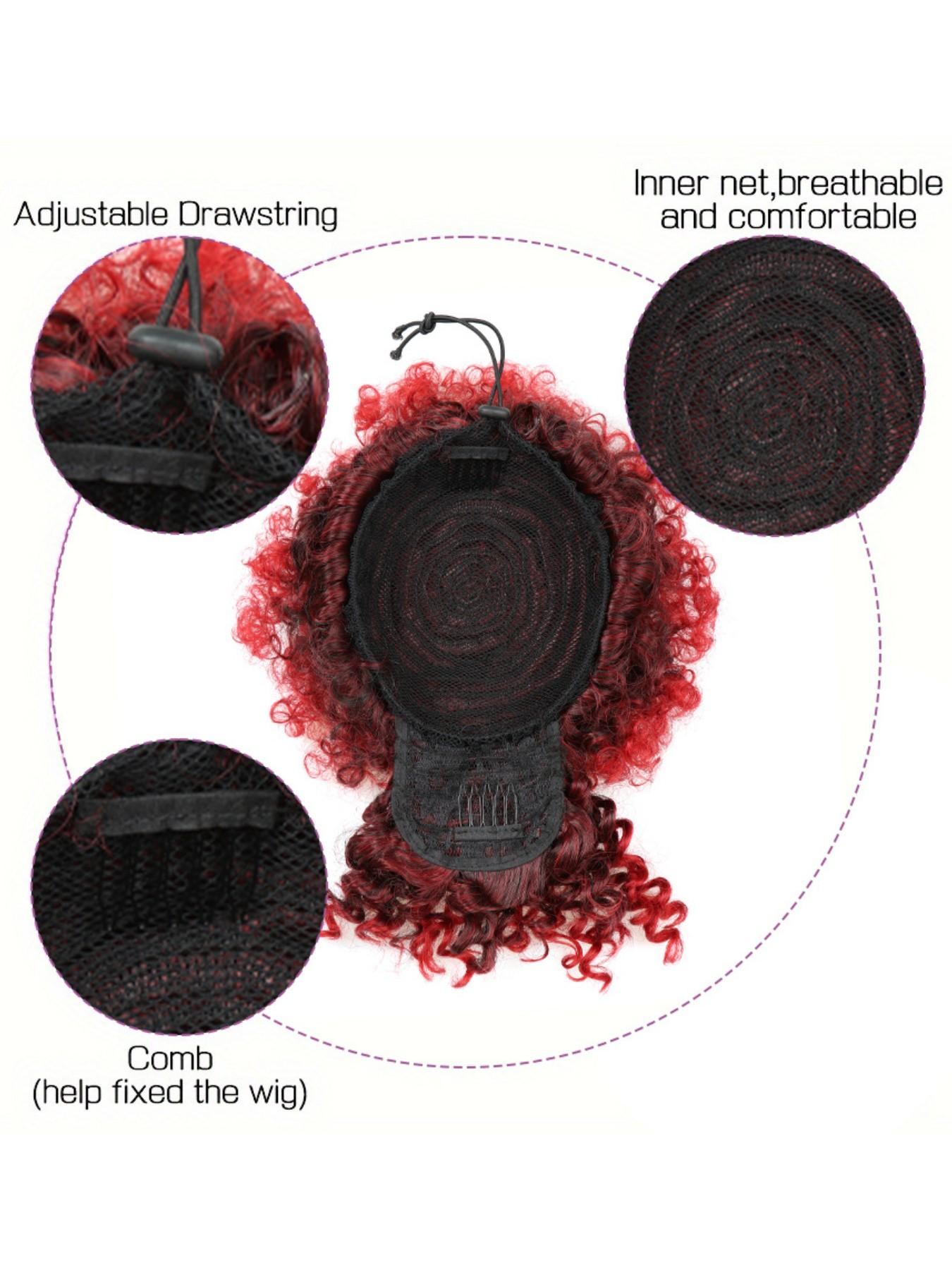 Women Drawstring Hair Bag, African Loose Curl Ponytail Extension, Bangs Flower Braid Style, High Crown Heat Resistant Fiber Wig Piece