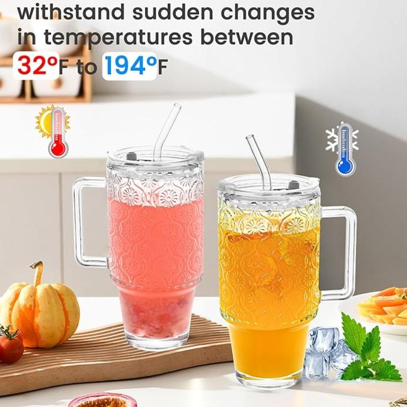24oz Screw Top Glass Cup with Lid and Straw, Handle Water Bottle, Ice Coffee Mug, Reusable Transparent Drinkware for Smoothies and Beverages, Tumbler with Straw, Clear Water Bottle with Straw, Drink Container