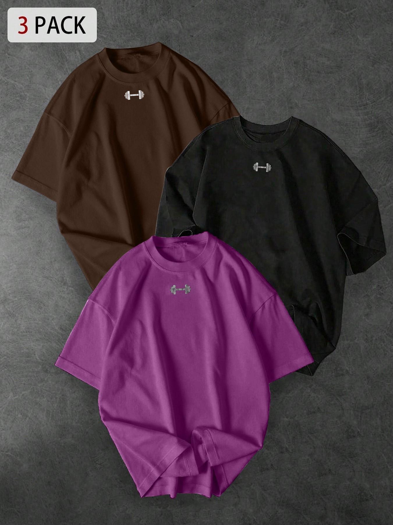 3-Pack Unisex Oversized T-Shirts with Small Dumbbell Chest Print, Minimalist Streetwear for Gym Enthusiasts and Casual Everyday Wear