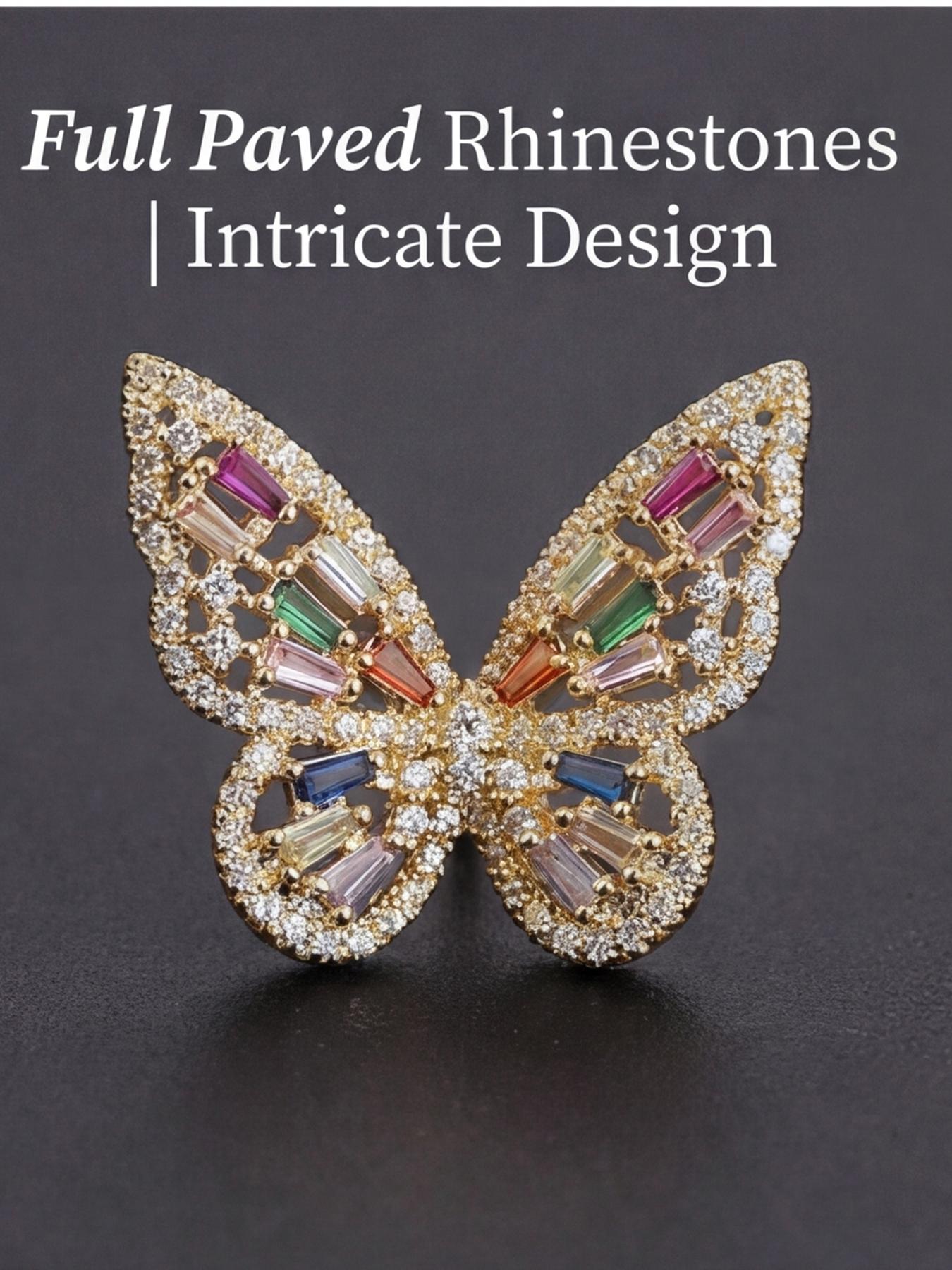 Women's Hypoallergenic Luxury Rainbow Crystal Butterfly Stud Earrings, Gold Plated Full Paved Multi-Color Rhinestone Inlaid Statement Earrings, Fashion Jewelry for Party Wedding Everyday Wear & Gift