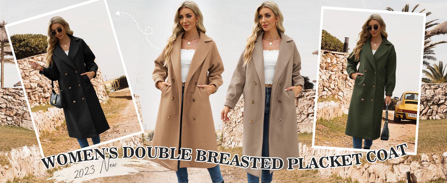 Danedvi Womens Notched Lapel Collar Double Breasted Pea Coat Winter Elegant Long Over Coats Jackets Tops Casual