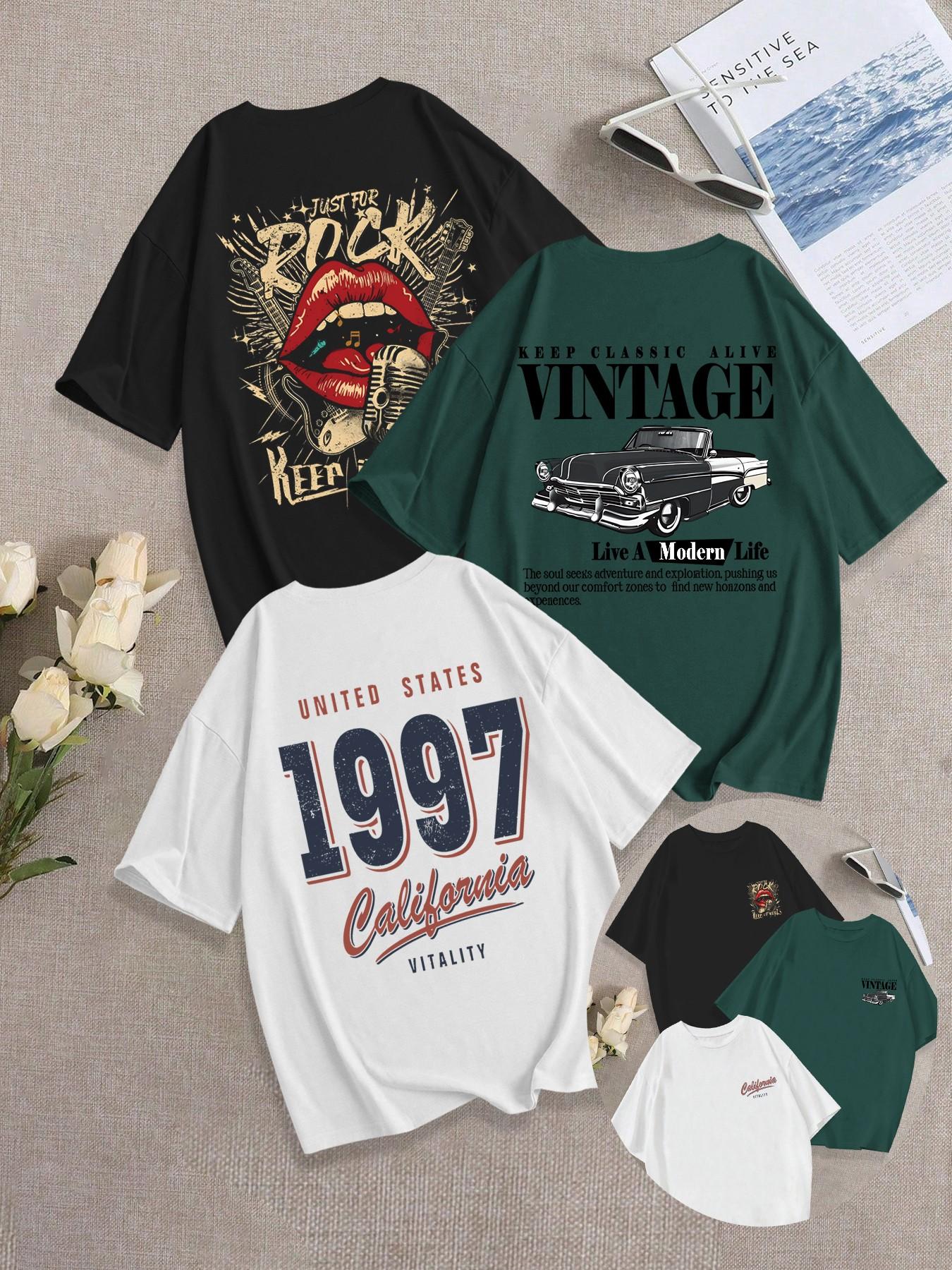 3-Pack Breathable Casual, Classic Loose Fit Round Neck T-Shirt, Vintage Comfortable Mouth/Car Pattern Print Daily Wear, Trendy Summer Tee