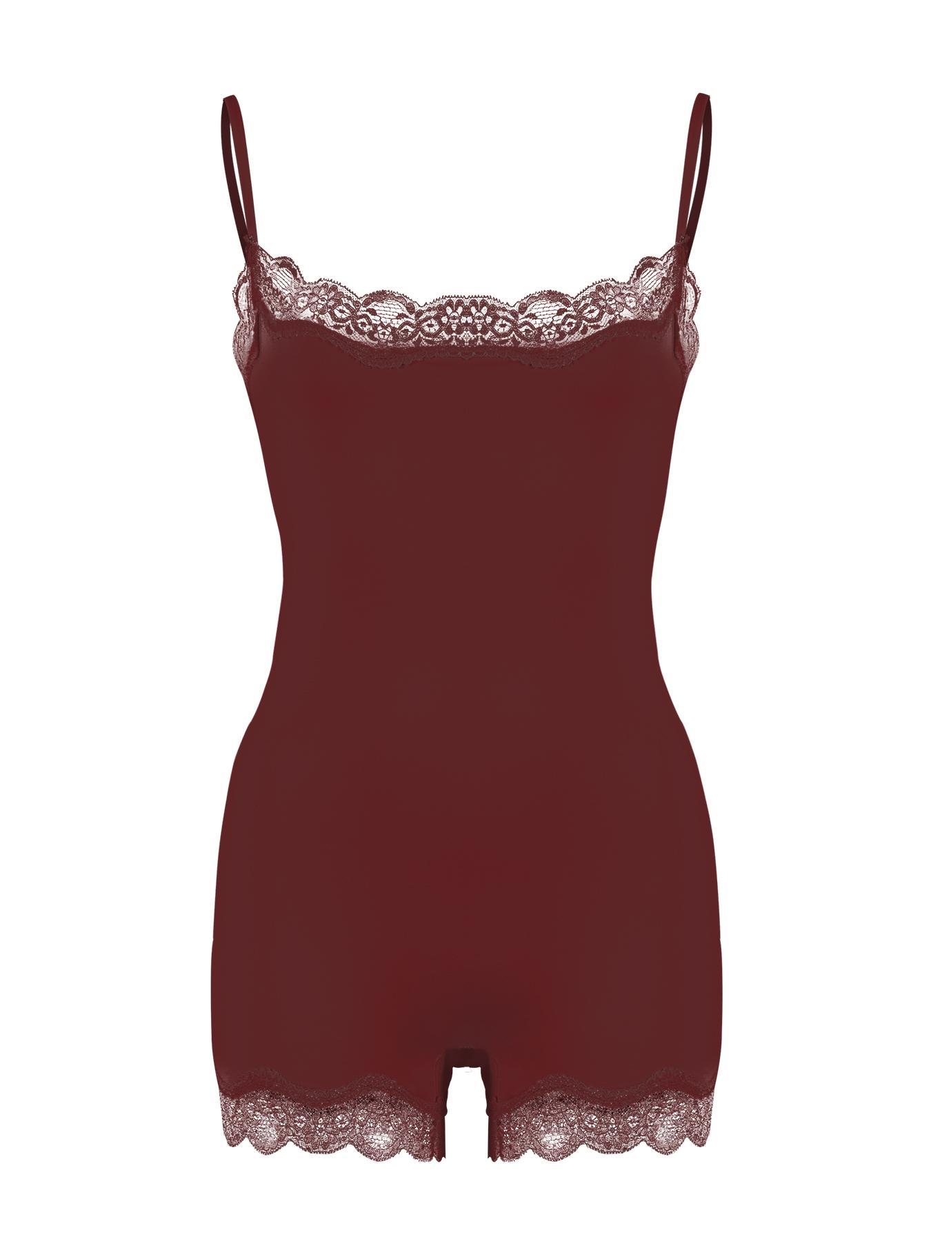 Women's Basic Solid Color Spaghetti Strap Lace Trim Seamless Bodysuit Underwear Body Shaper Shapewear