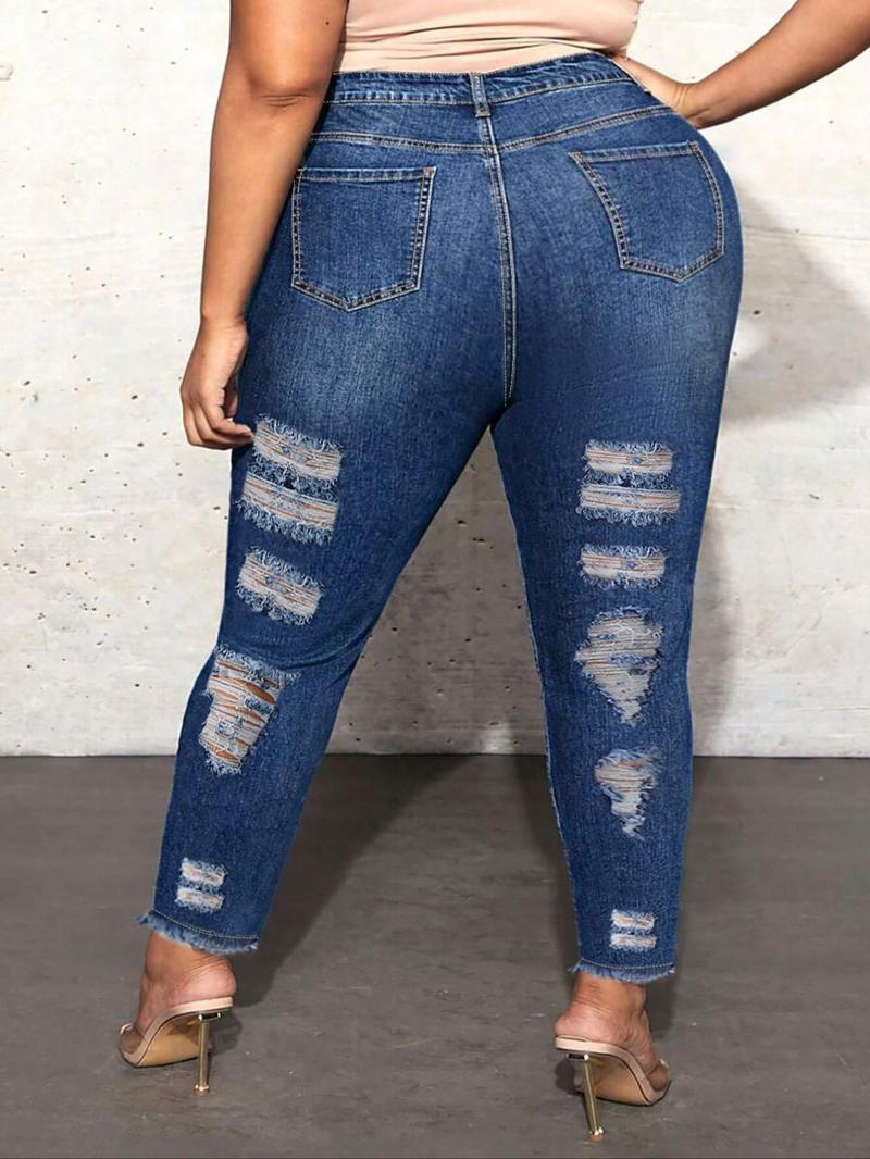 Plus Size Women's Fashion Ripped Denim Jeans, Tight Fit Sexy Slim Fit Pants, Elastic Fabric for Parties, All Seasons Wear