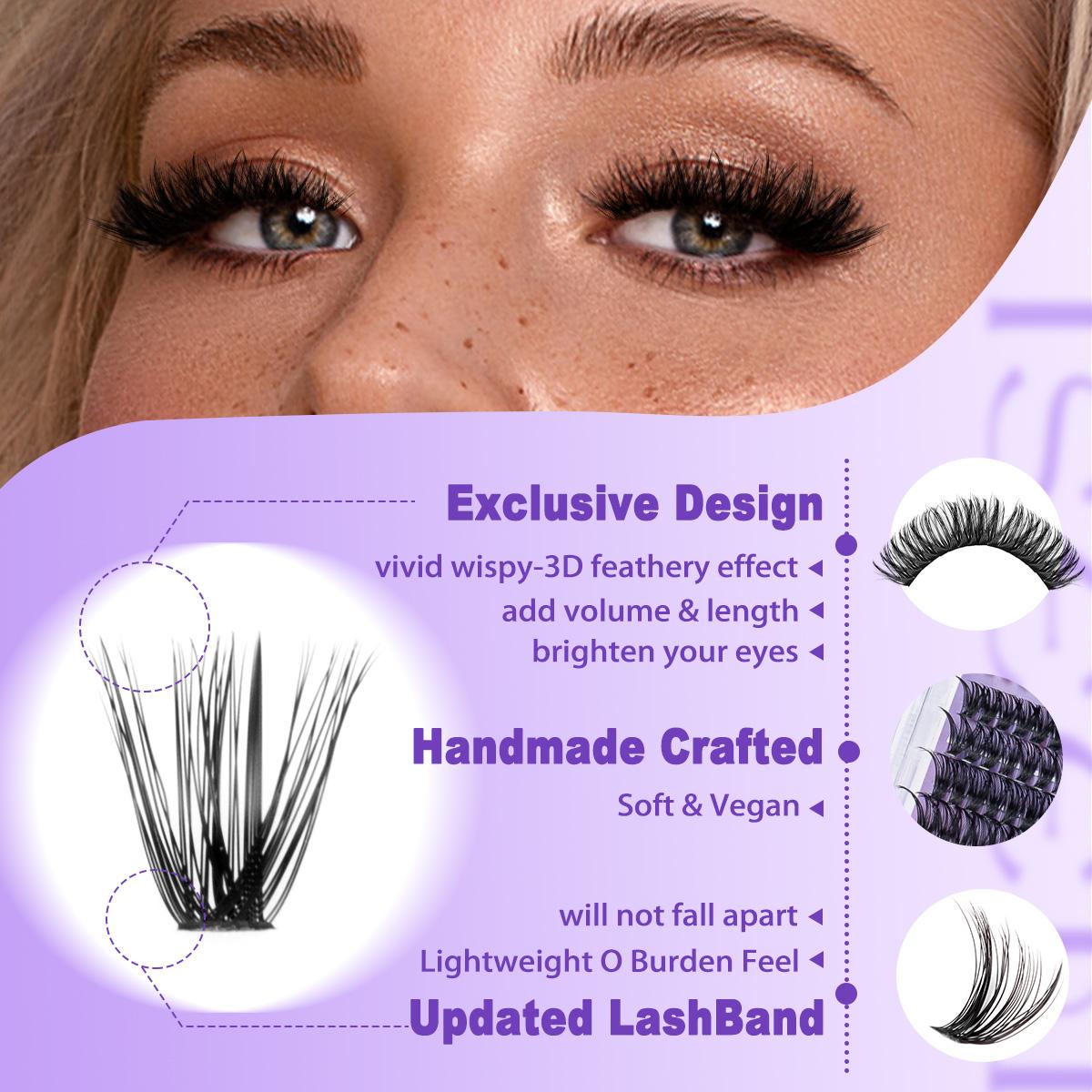 Dense Long Curly Eyelash Cluster Set, DIY Extension Kit for Beginners, Multiple Lengths, Includes Bond&Seal，Tweezers,Hair band Personal Use