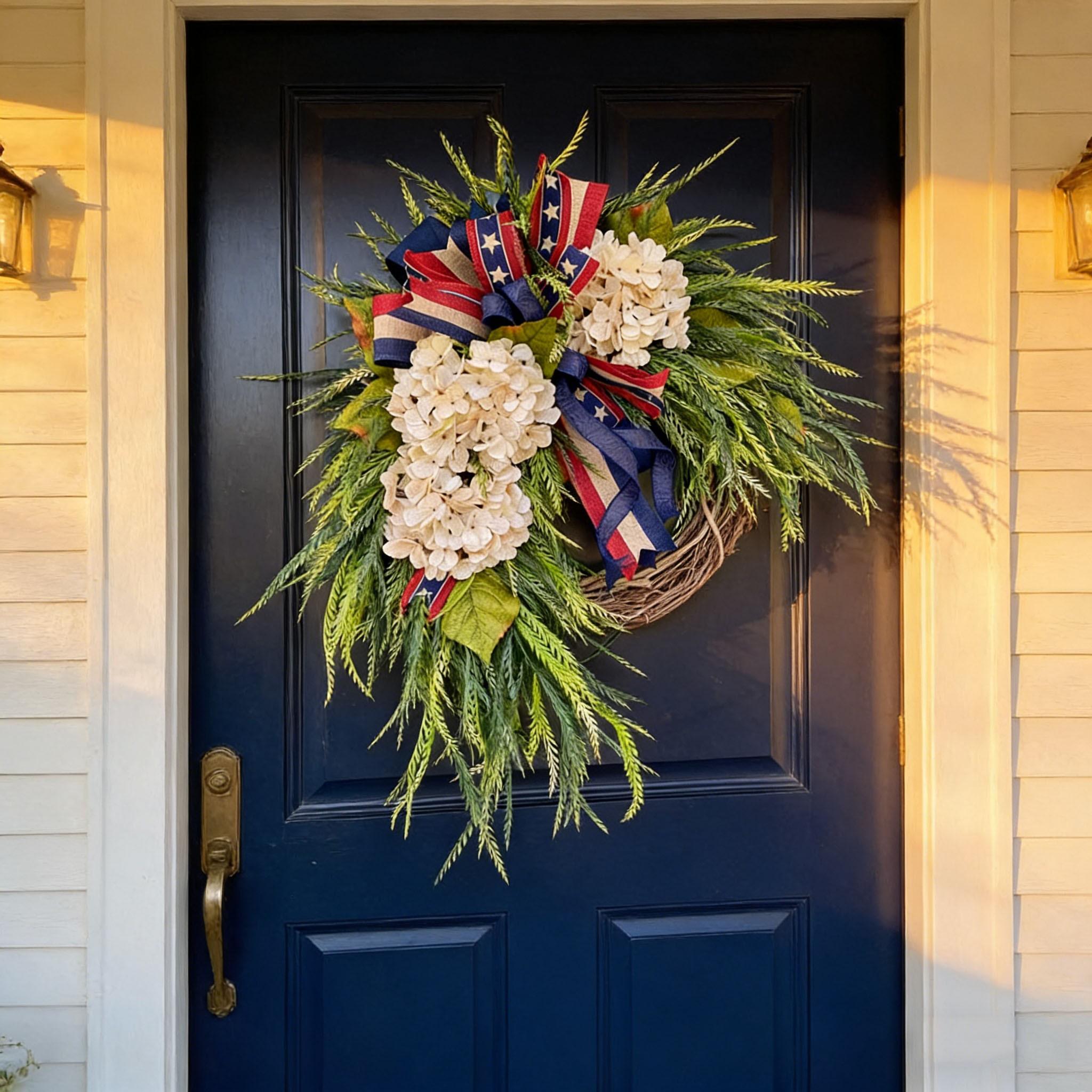 Independence Day Wreath Front Door Decoration, American Flag Bow Hydrangea Patriotic Wreath, Memorial Day Outdoor Porch Home Wall Decor