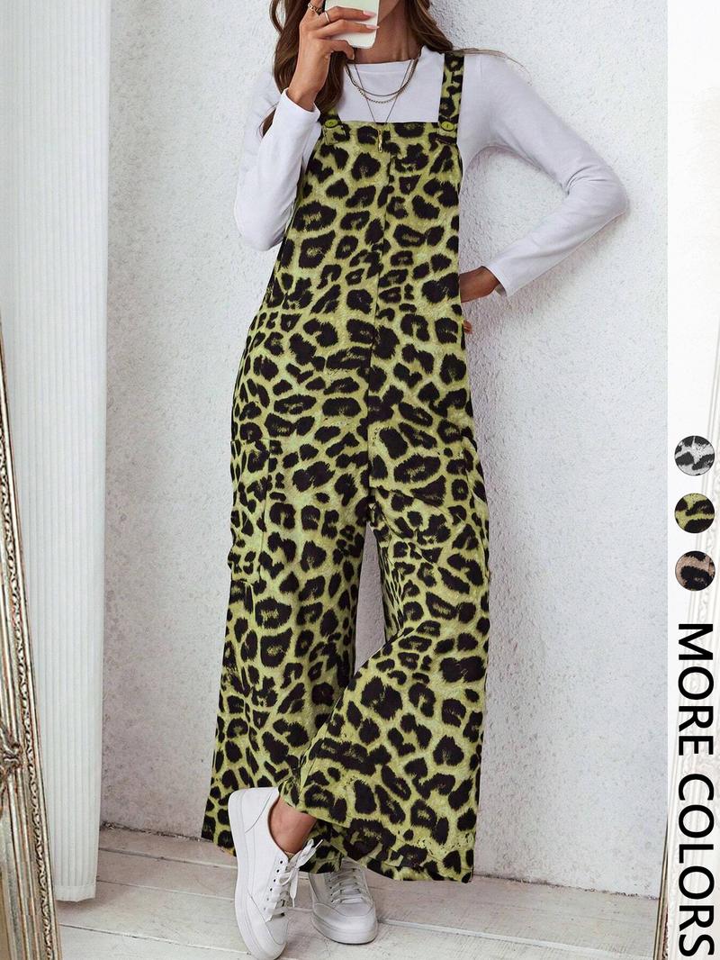 Valentine's Day Women's Casual Leopard Print Loose Jumpsuit, Woven Fabric, Moderate Thickness, All Seasons Wear, Fitted Style, Pocket Design