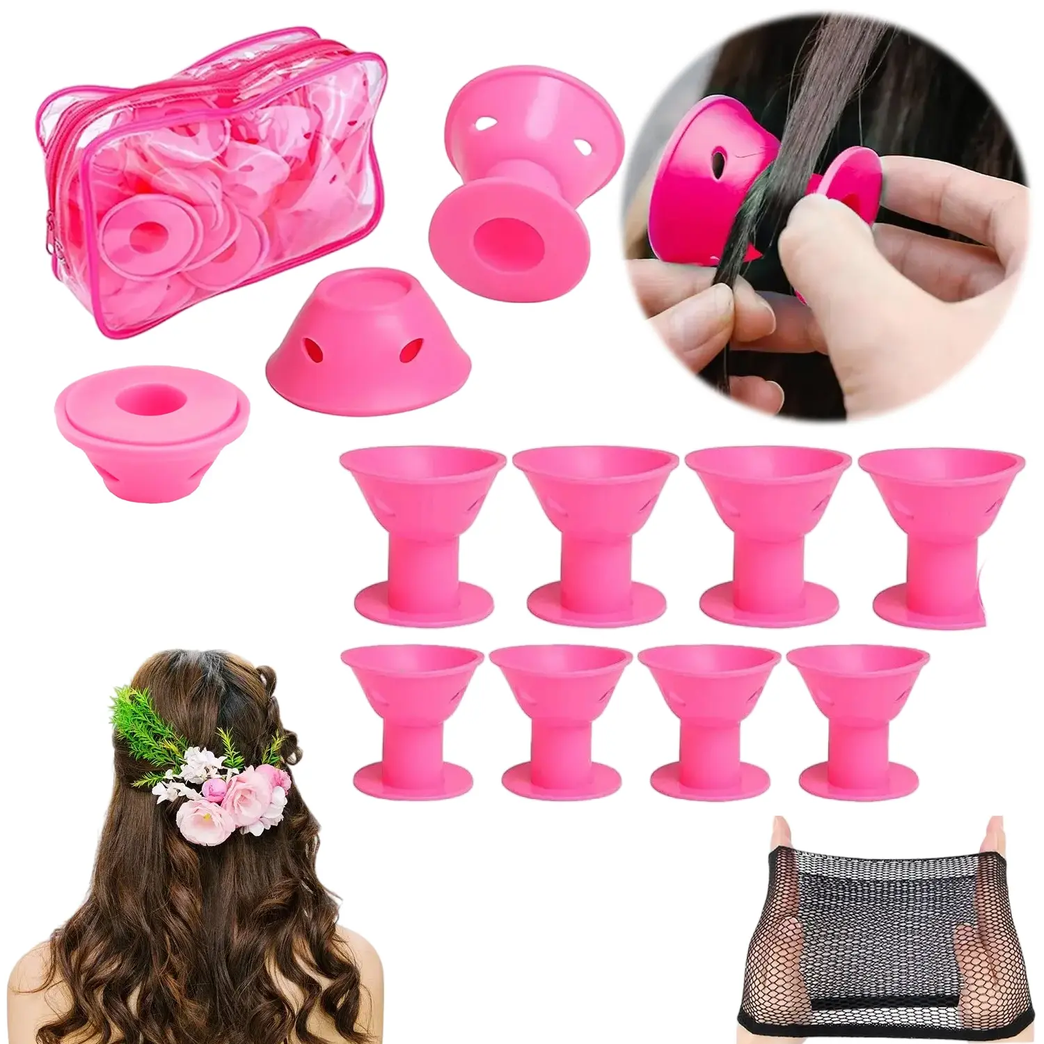 40Pcs Pink Heatless Silicone Hair Rollers for Women & Girls, Overnight No Heat Hair Curlers Set, 20 Large & 20 Small Sleep In Hair Rollers with Storage Bag and Wig Cap