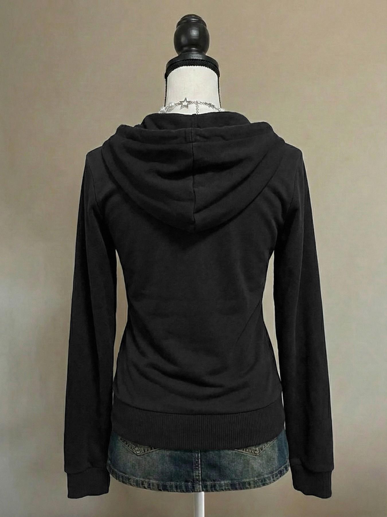 Womens Slim Fit Zip Up Hoodie Black Hooded Kangaroo Pocket Gothic Grunge Y2K Baddie Streetwear Alt Style Concert Night Out Fall Winter Street Fashion Apparel