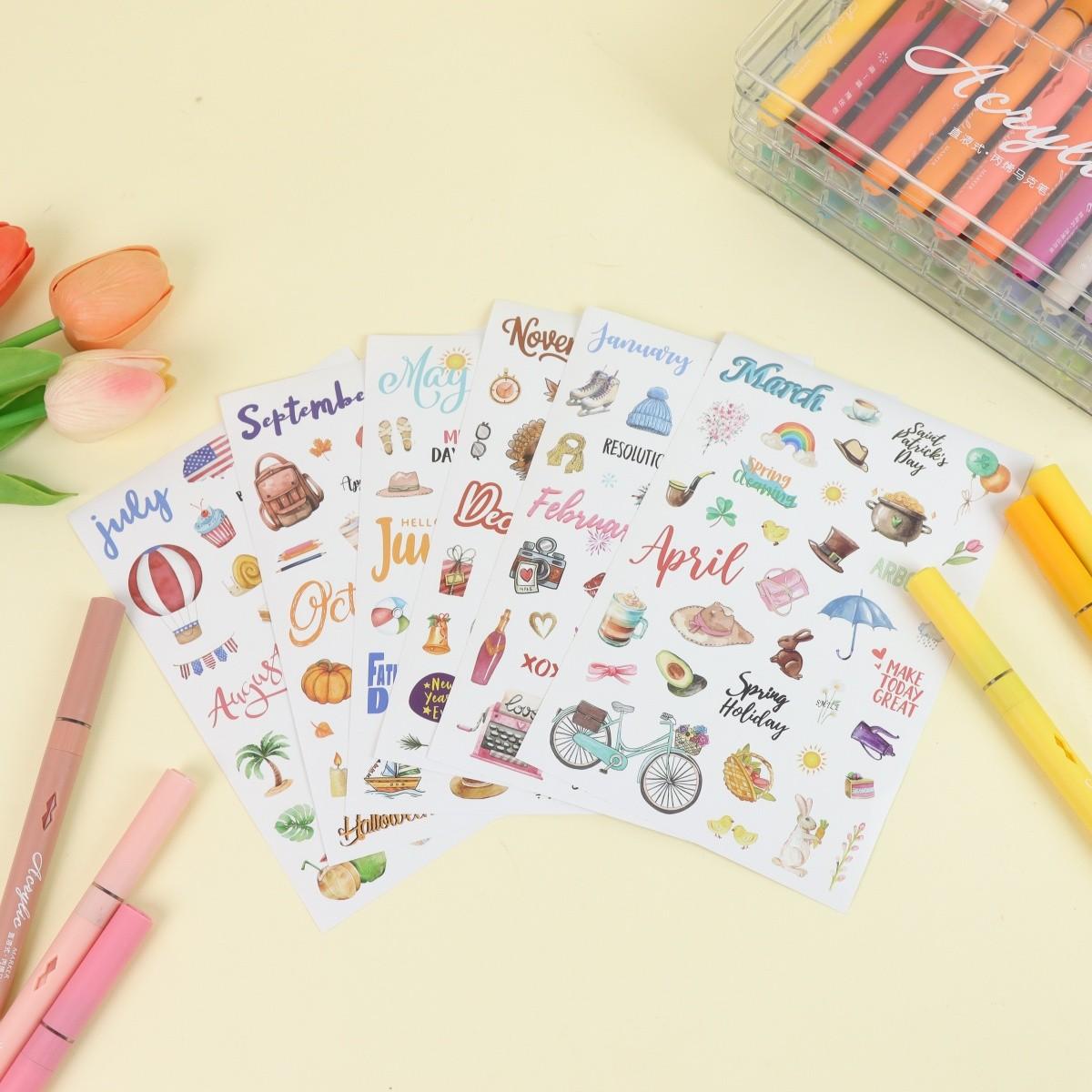 Cute Sticker Set for Journals, Includes 6 Sheets, Perfect for Scrapbooking, DIY Crafts, Art Decoration, Ideal for Personalization