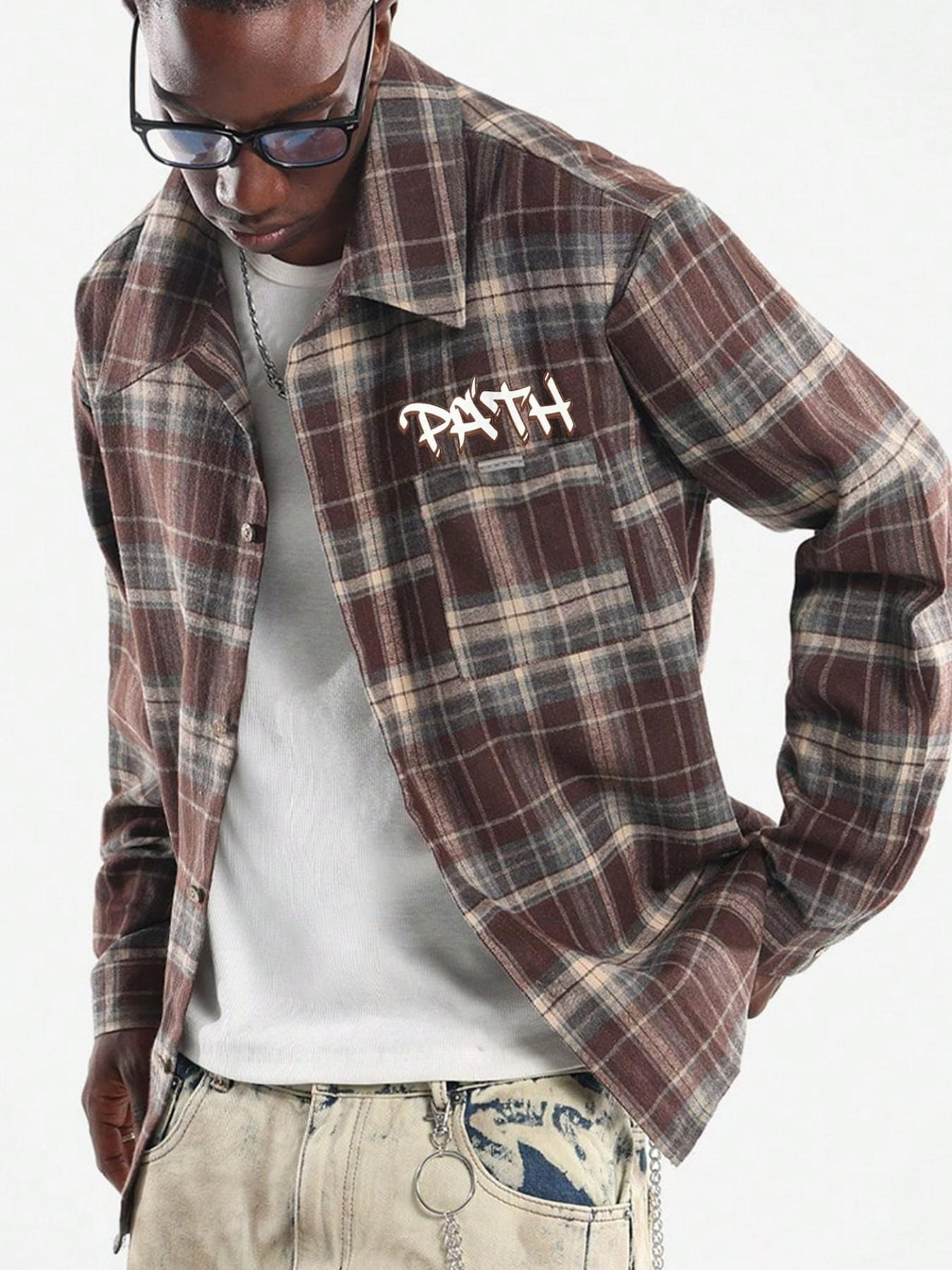 Long Sleeve Plaid Shacket | Bold Back Graffiti Slogan Printing, Drop Shoulder Baggy Top For Young Guys Urban Street Style & Casual Outdoor Wear, Printed Shirts