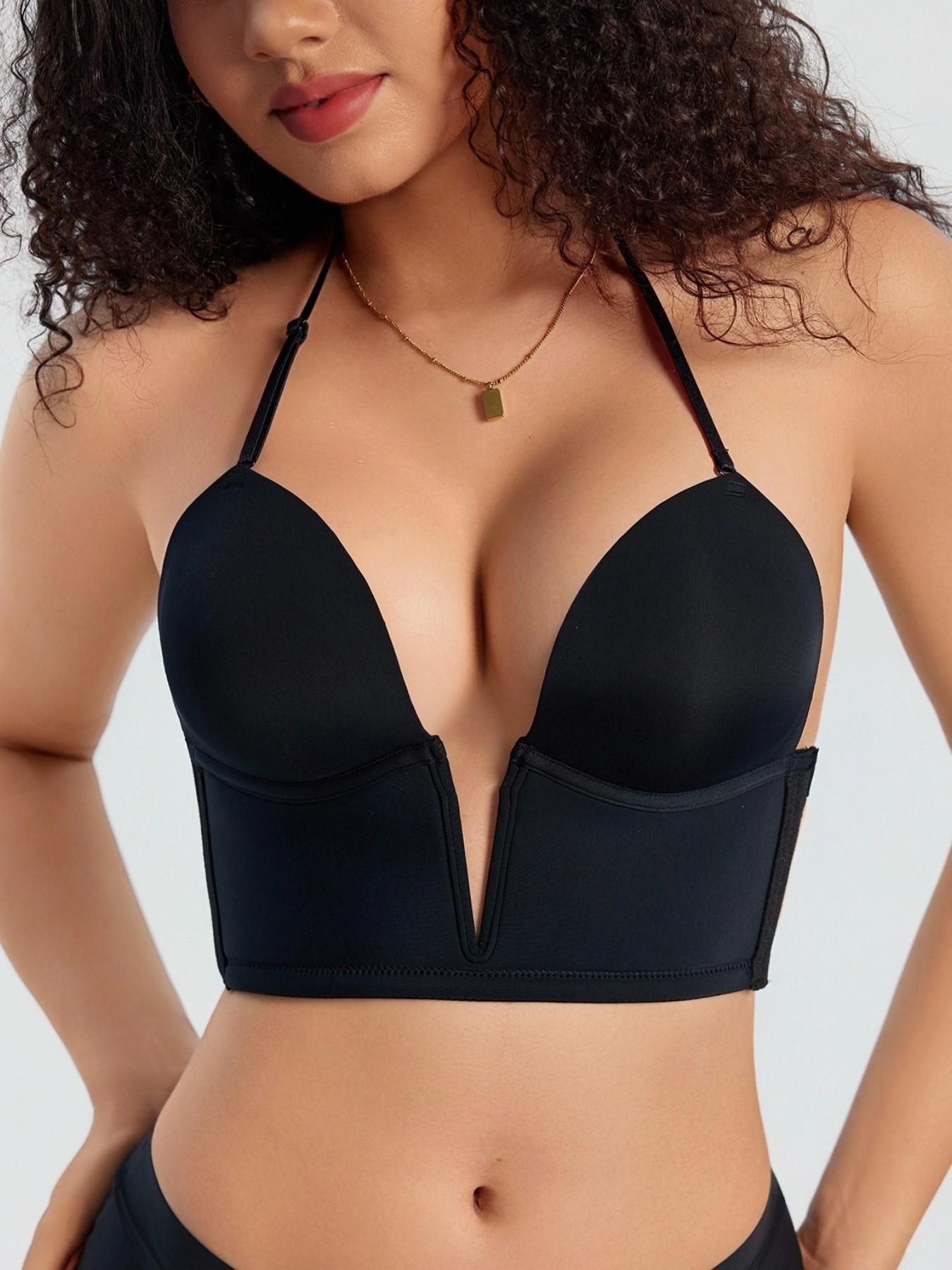 Solid Deep V Neck Backless Halter Bra with Medium Support, Perfect Lift Design for All Day Wear, Comfortable, Seamless, Elegant Fit Underwear