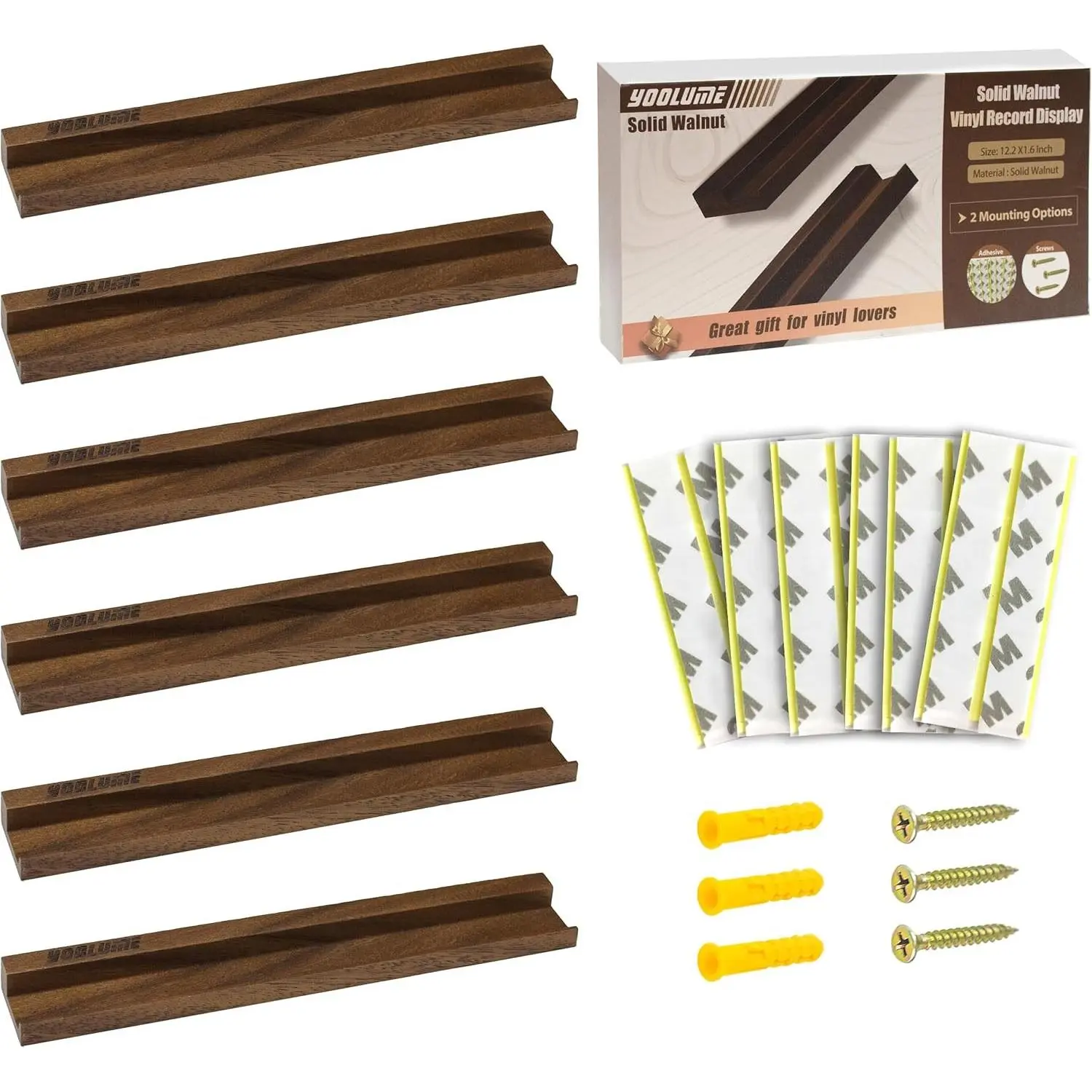 No Drill Vinyl Wall Mount with 2 Mount Options(Adhesive & Screws), 6 Pack Solid Walnut Wood Record Display Shelves for Wall, Vinyl Holder for Album Magazine
