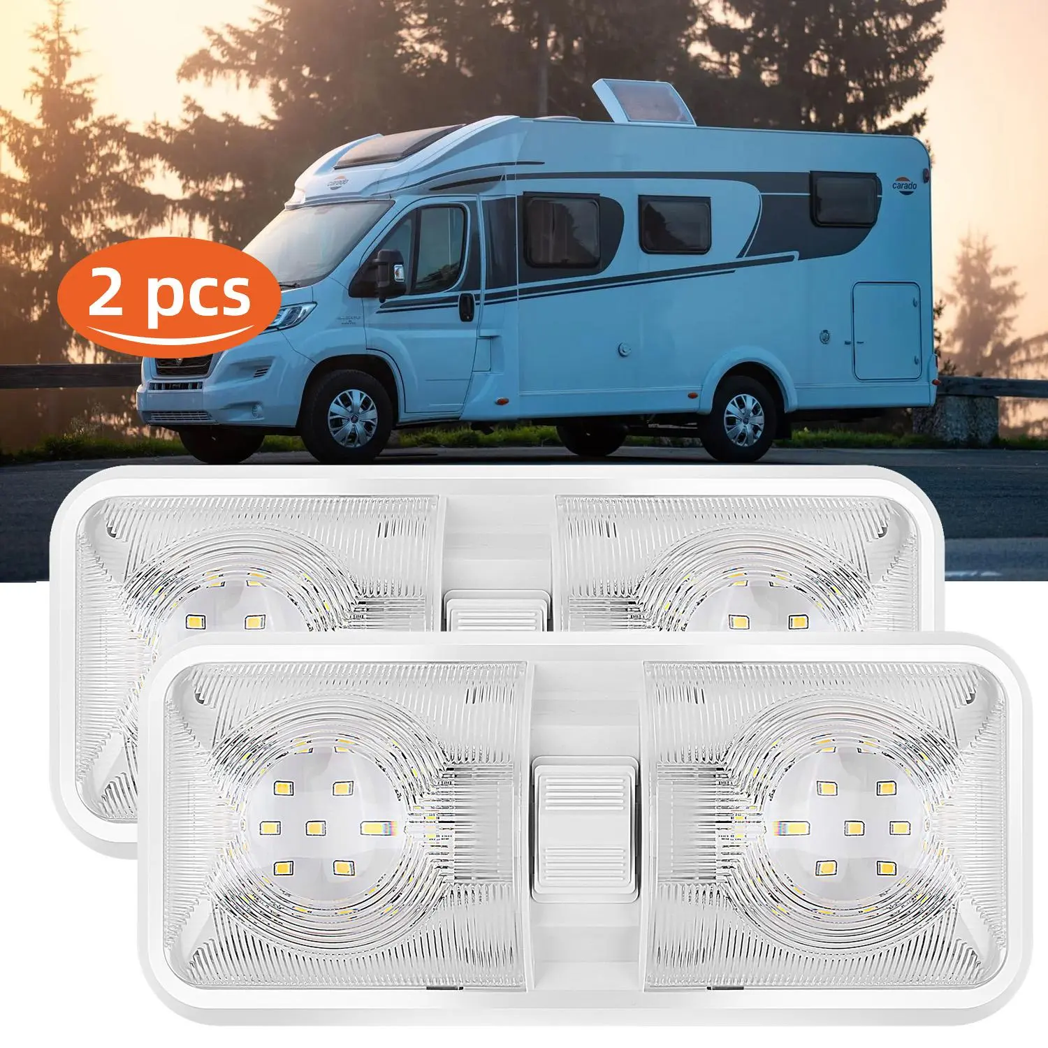 1/2PCS 12V RV LED Ceiling Lights, 24/48 LED Double Dome Light with 3-Way Switch, 300/600 Lumen Interior Lighting for Camper Trailer Boat Van toolupgrade