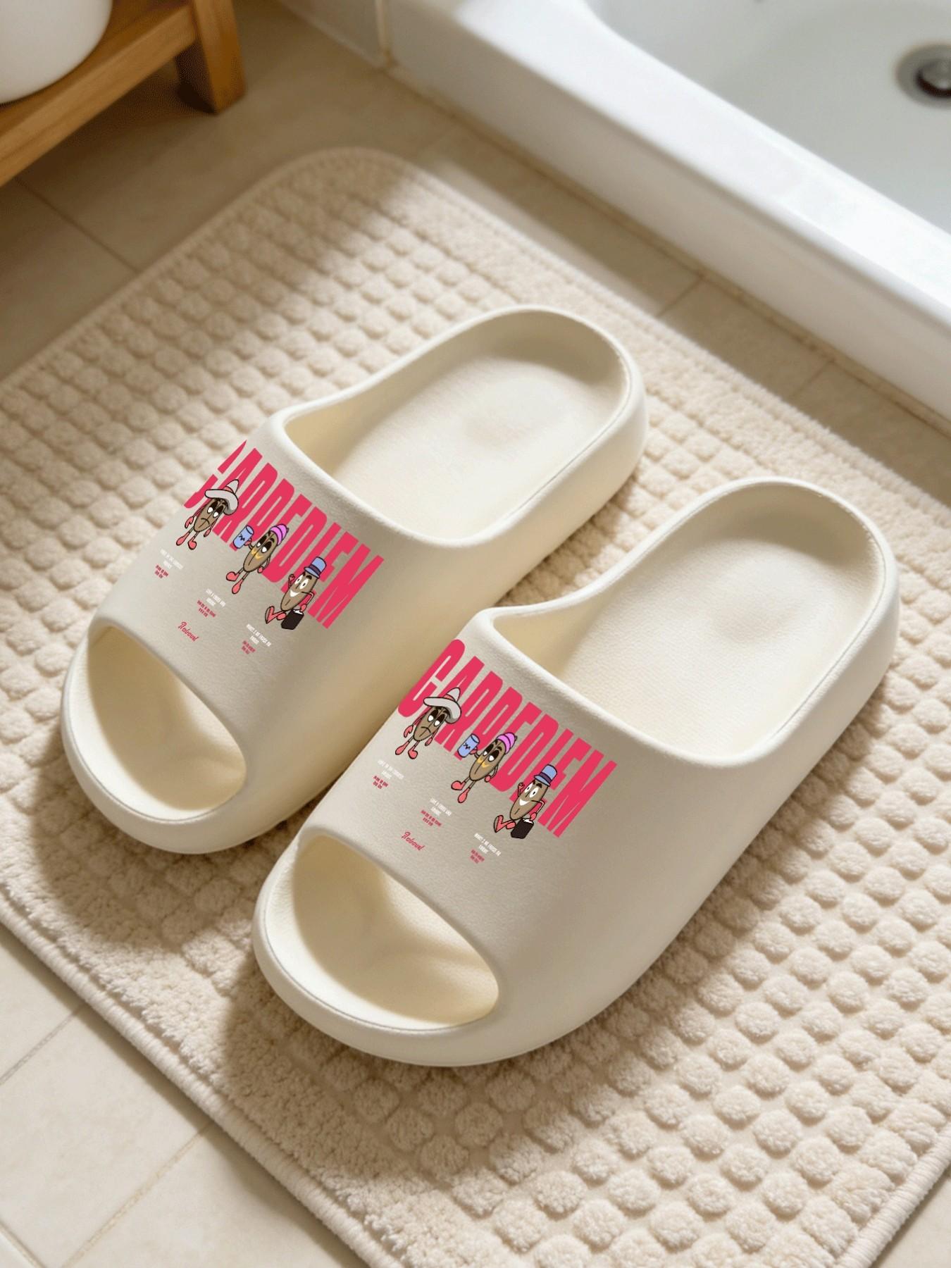 1 Pair Cartoon Ice Cream Girl Letter Printed Thick Sole Slippers, Sweet Cool Girl Style, Non-slip Soft Sole, Indoor & Outdoor Dual-use, Open Toe Slides, Casual Slippers