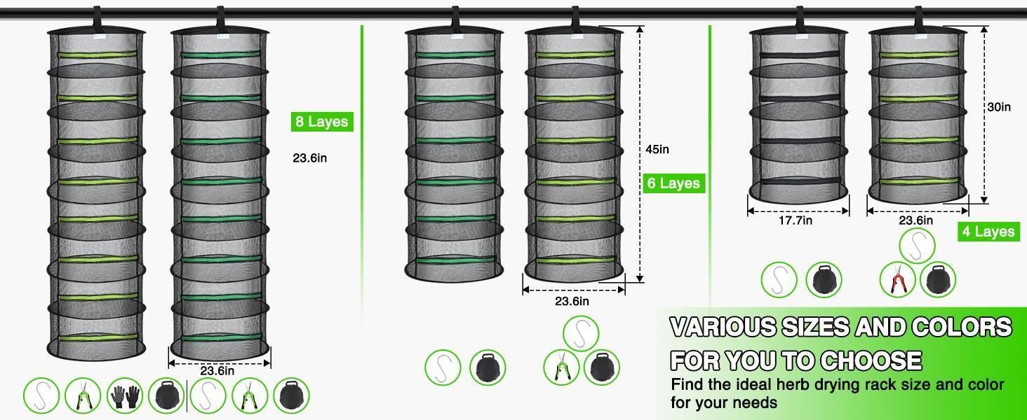 Yesker 4-Layer Round Steel Herb Drying Rack, 24" Diameter Hanging Mesh Netting with Green Zipper & Hook, Waterproof Foldable Dryer for Herbs, Grow Tent Use, Father's Day Gift