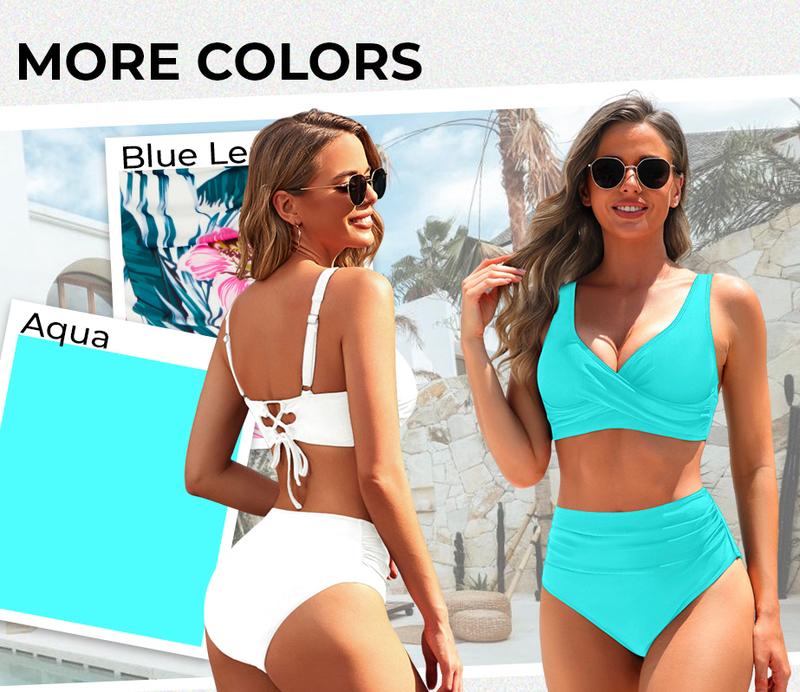 Yonique Women's Two Piece High Waisted Bikini Set Tummy Control Swimsuit Full Coverage Bathing Suit Criss Cross Bikini Top Twist Front Bikini Top with Ruched Bikini Bottoms