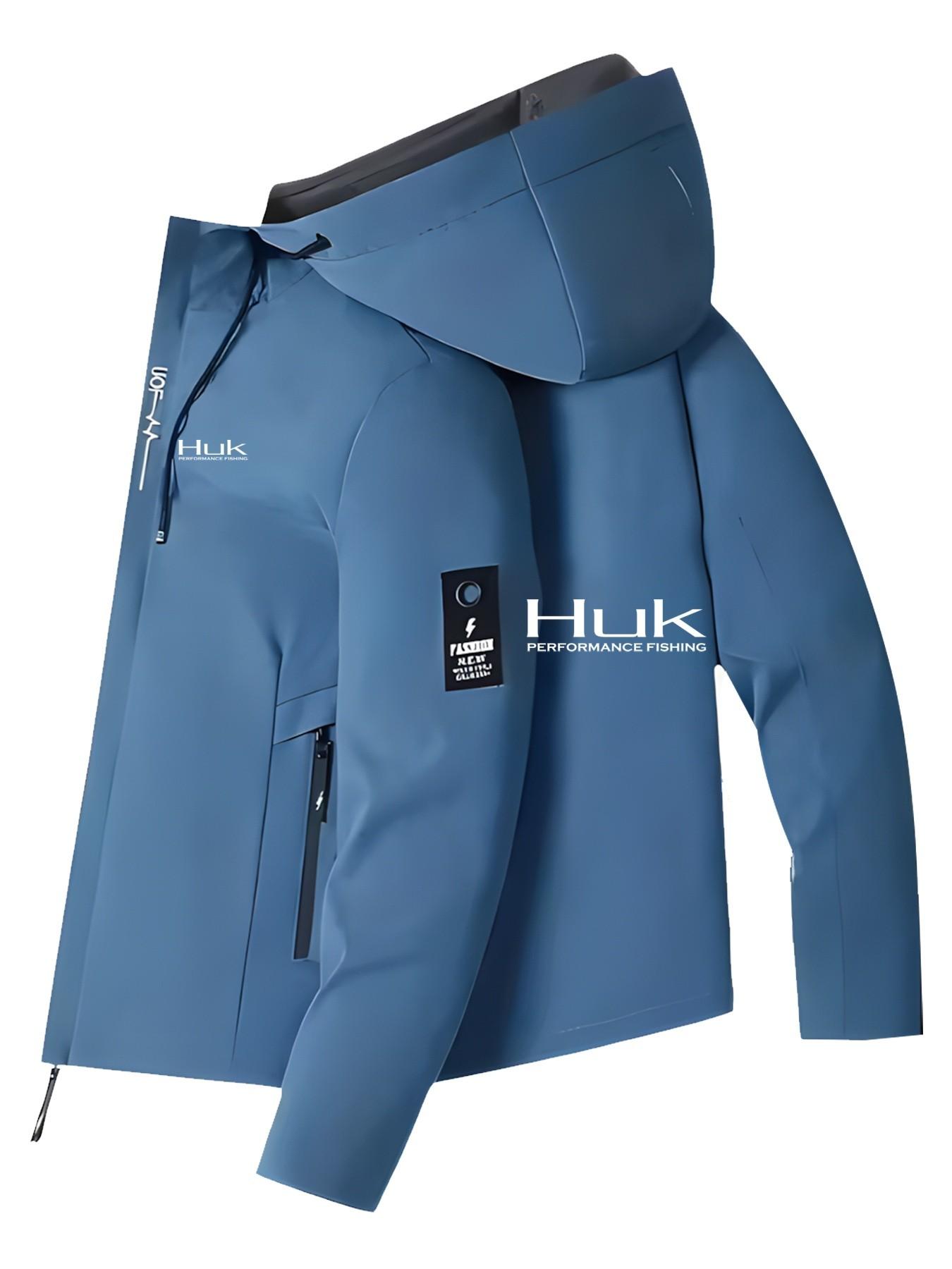 Men's Fashionable Huk Logo Jacket, Zipper Pocket, Casual Hooded Design, Polyester Material, Spring & Fall Wear, Slim-Fitting Outerwear