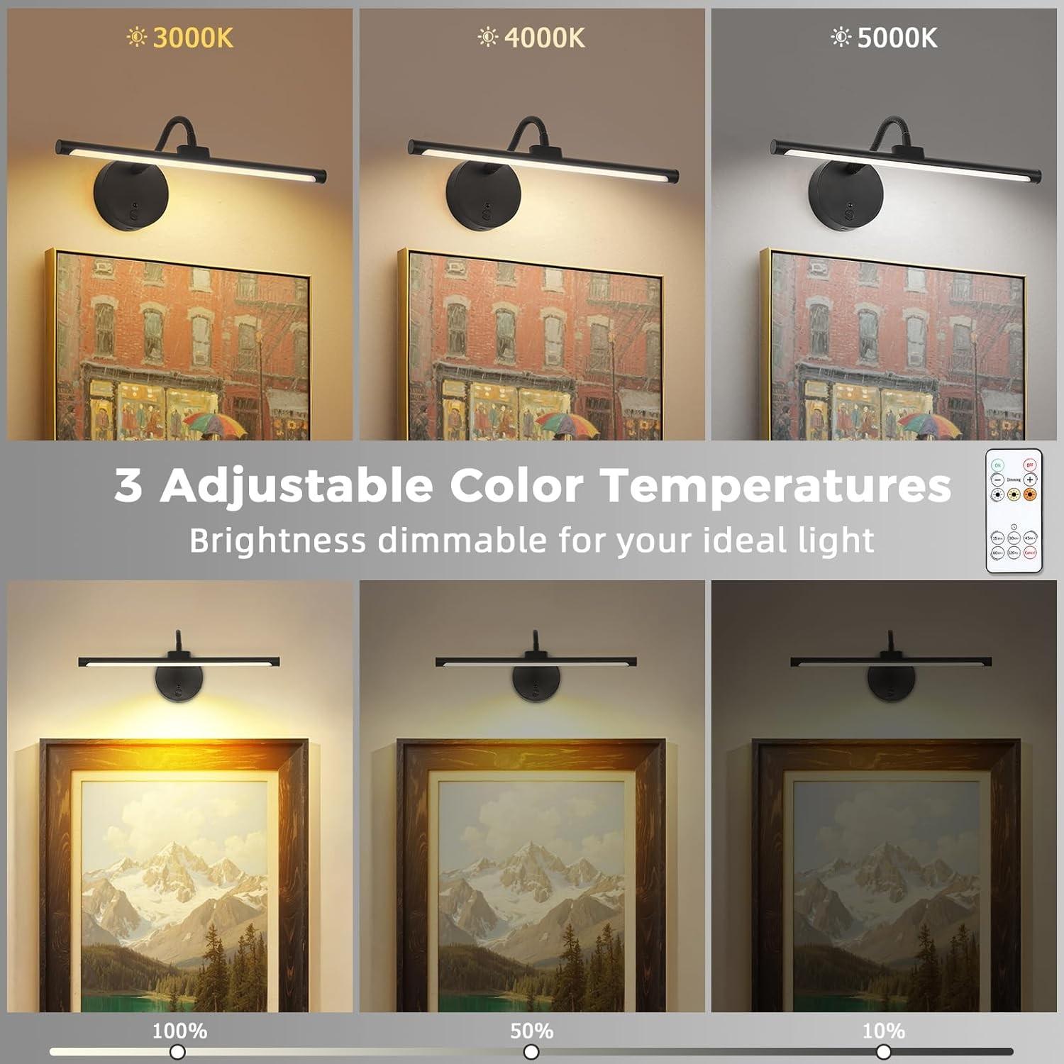 Remote Control Picture Light, USB Rechargeable Wall Lamp, Adjustable Lighting, Timer, Metal Art Lamp for Painting, Display, Gallery