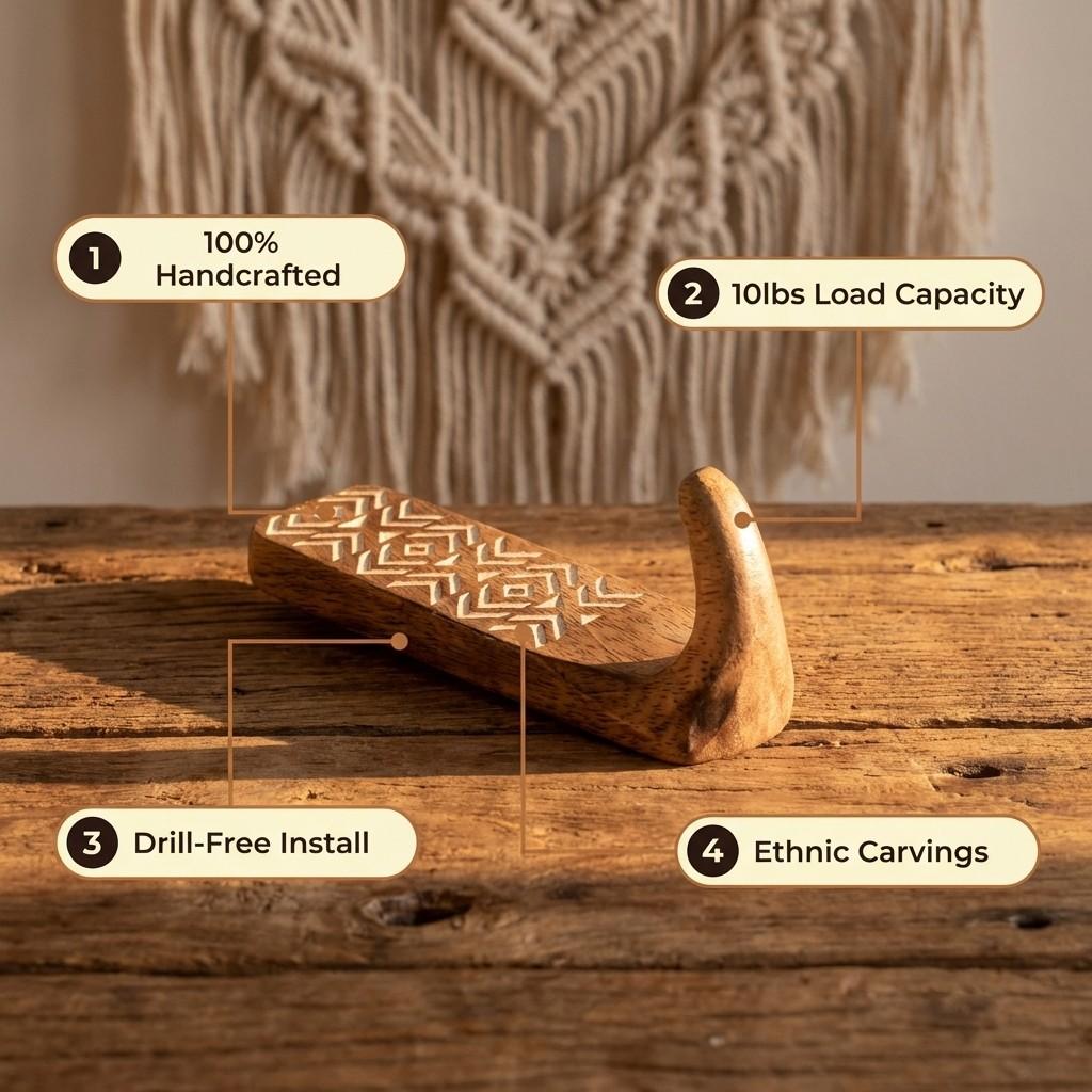 Boho Hand Carved Wooden Wall Hooks, 3 Pack Rustic Geometric Pattern, Wall Mounted Hooks for Coats, Bags, Towels, Keys