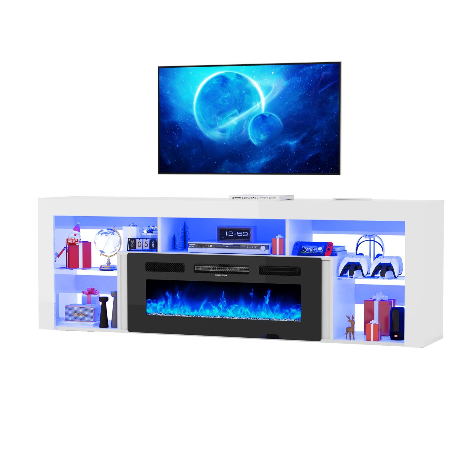 【2Packages Shipping】71" Floating Fireplace TV Stand for up to 85" TVs, Modern High Gloss Entertainment Center w/40 Electric Fireplace, Charging Station&LED Lights, Fireplace TV Media Console w/Storage, Black/white