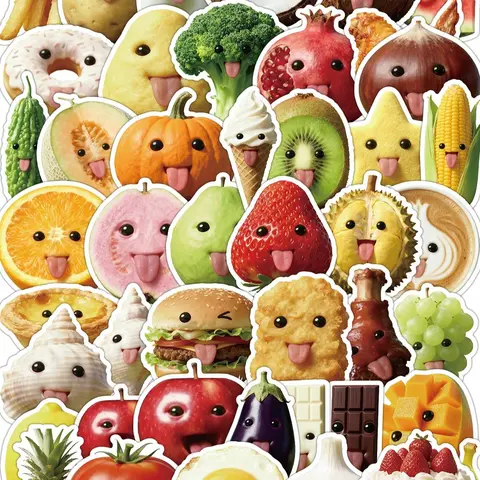 50 colorful food stickers, Decorative stickers, Cute stickers, Fun stickers, can be personalized, high-definition waterproof material, suitable for refrigerators, lunch boxes, thermos cups, Sticker Collage Pack
