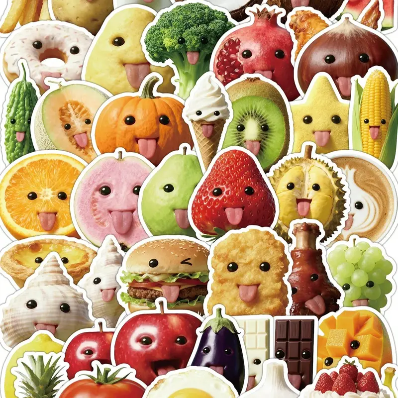50 colorful food stickers, Decorative stickers, Cute stickers, Fun stickers, can be personalized, high-definition waterproof material, suitable for refrigerators, lunch boxes, thermos cups, Sticker Collage Pack