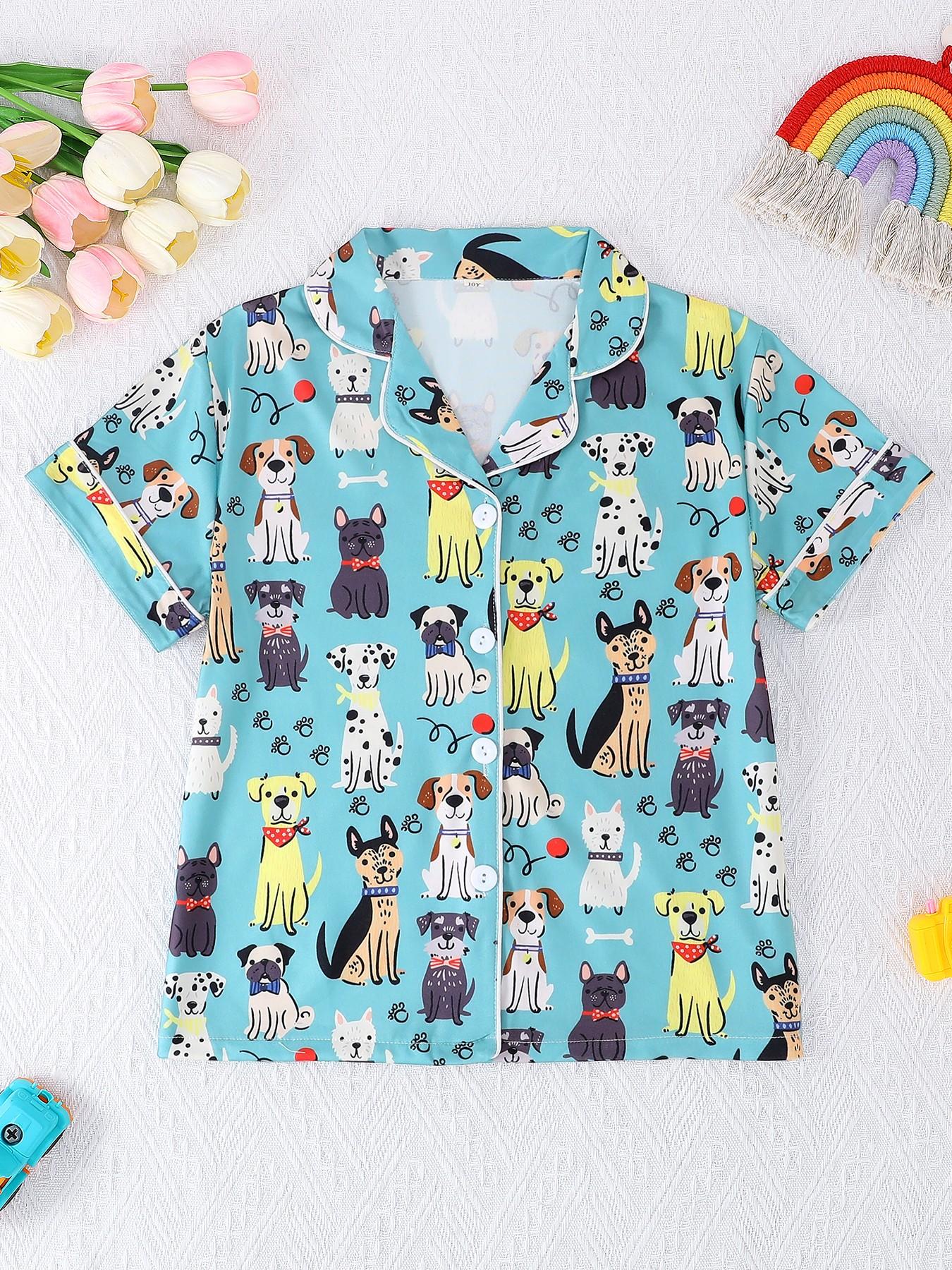 2-Piece Kids Pajama Set, Cartoon Puppy Footprint Design, Casual Short Sleeve, Loose-Fit, All-Season Wear, Party Gift Set