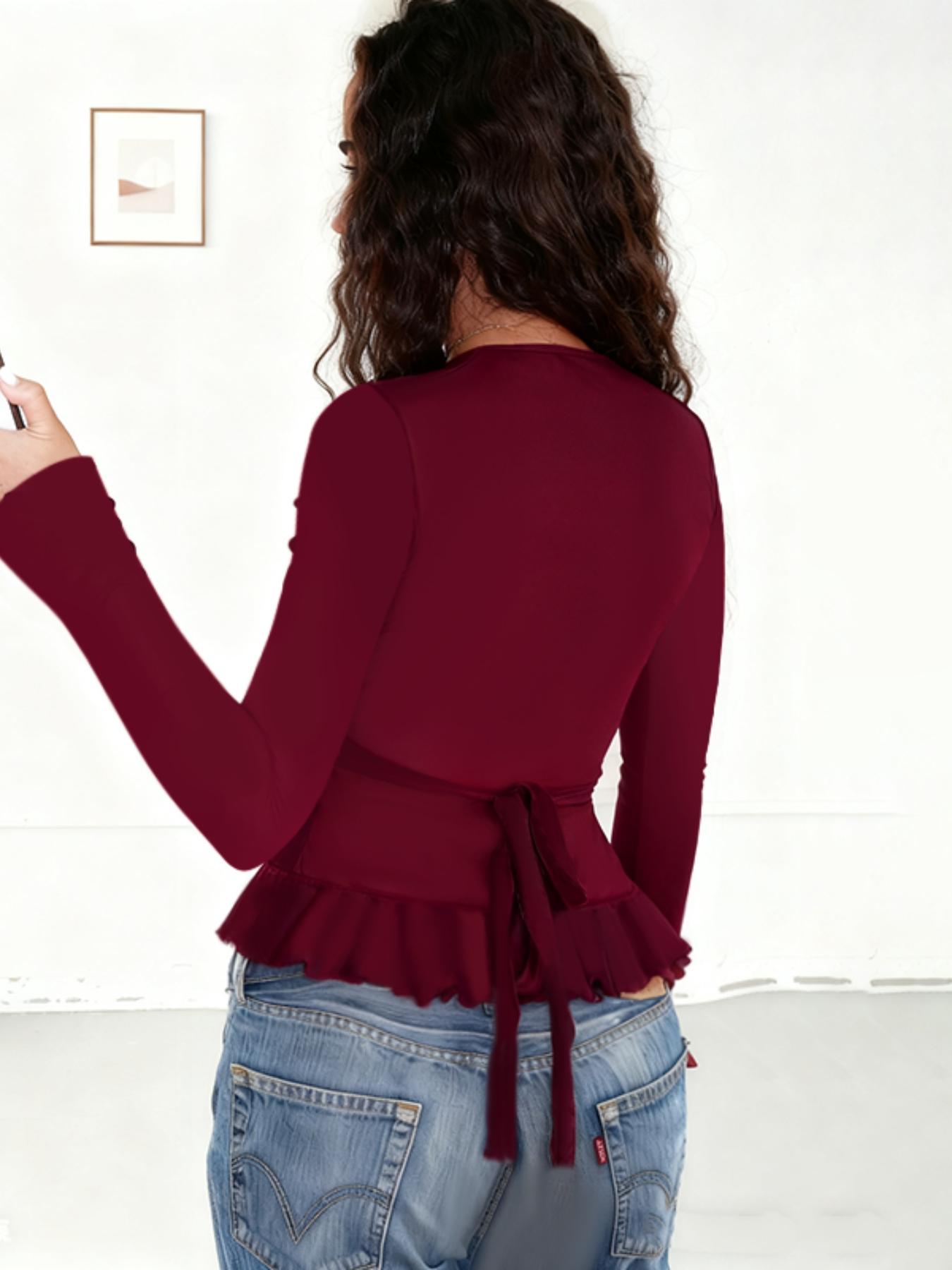 Elegant Ruffle Tie Long Sleeve Top, Women's Fashionable Blouse, Perfect for Casual and Formal Wear, Comfortable and Stylish