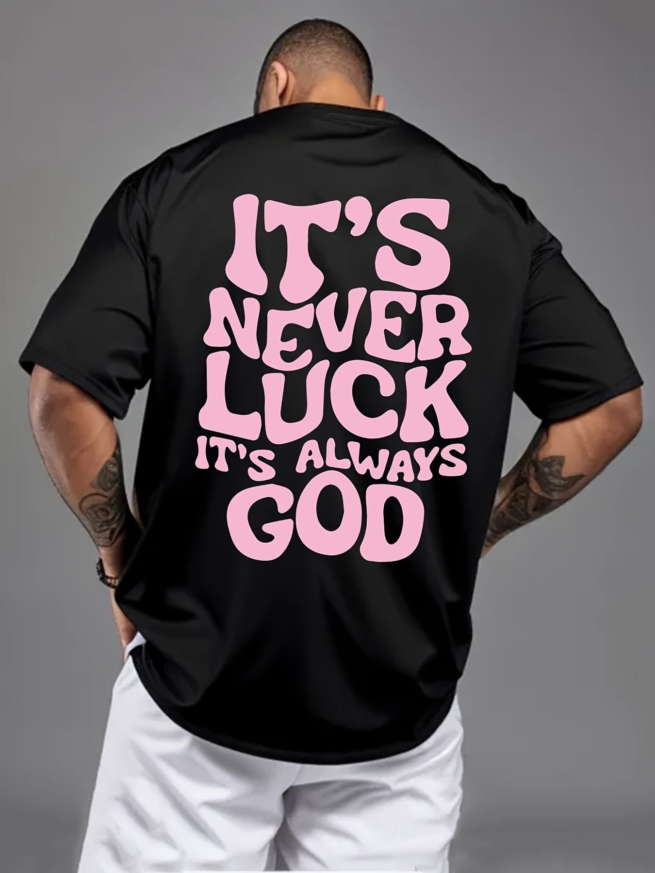 Men's Plus Size Black Short Sleeve Motivational T-Shirt - Bold "IT'S NEVER LUCK IT'S ALWAYS GOD" Print, Loose Fit, Perfect for Casual Wear, Ideal for Faith & Inspiration