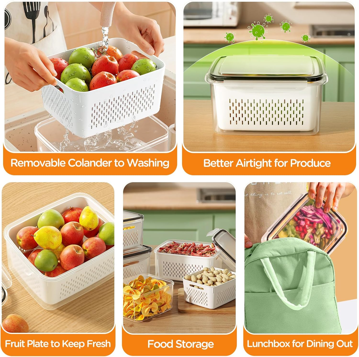 6-Pack Fruit Storage Containers for Fridge with Removable Colanders, 4 in 1 Produce Containers with Lids, Leakproof Fridge Organizer for Salad Berry Lettuce Vegetables Meat