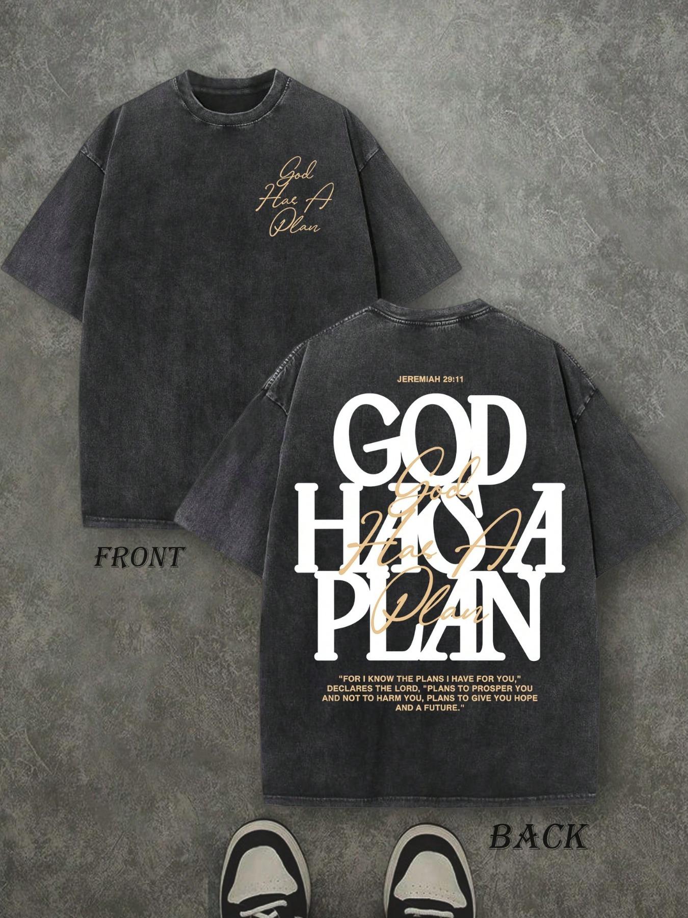 Men's Vintage Washed T-Shirt, Dual-Sided Print, 230 Pure Cotton Material, God Has His Own Plan Letter Print, Casual Street Style
