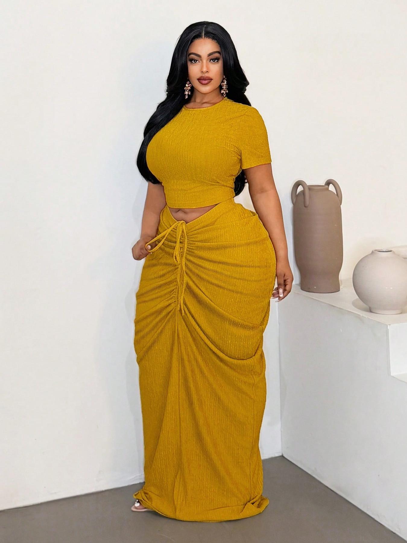 Plus Size Two-Piece Women's Set, Ribbed Short Top & Drawstring Pleated Skirt, Sexy Slim Fit Evening Party Dress, Curvy Friendly Fashion Plus Size Two-Piece Women's Set, Ribbed Short Top & Drawstring Pleated Skirt, Sexy Slim Fit Evening Party Dress, Curvy Friendly Fashion