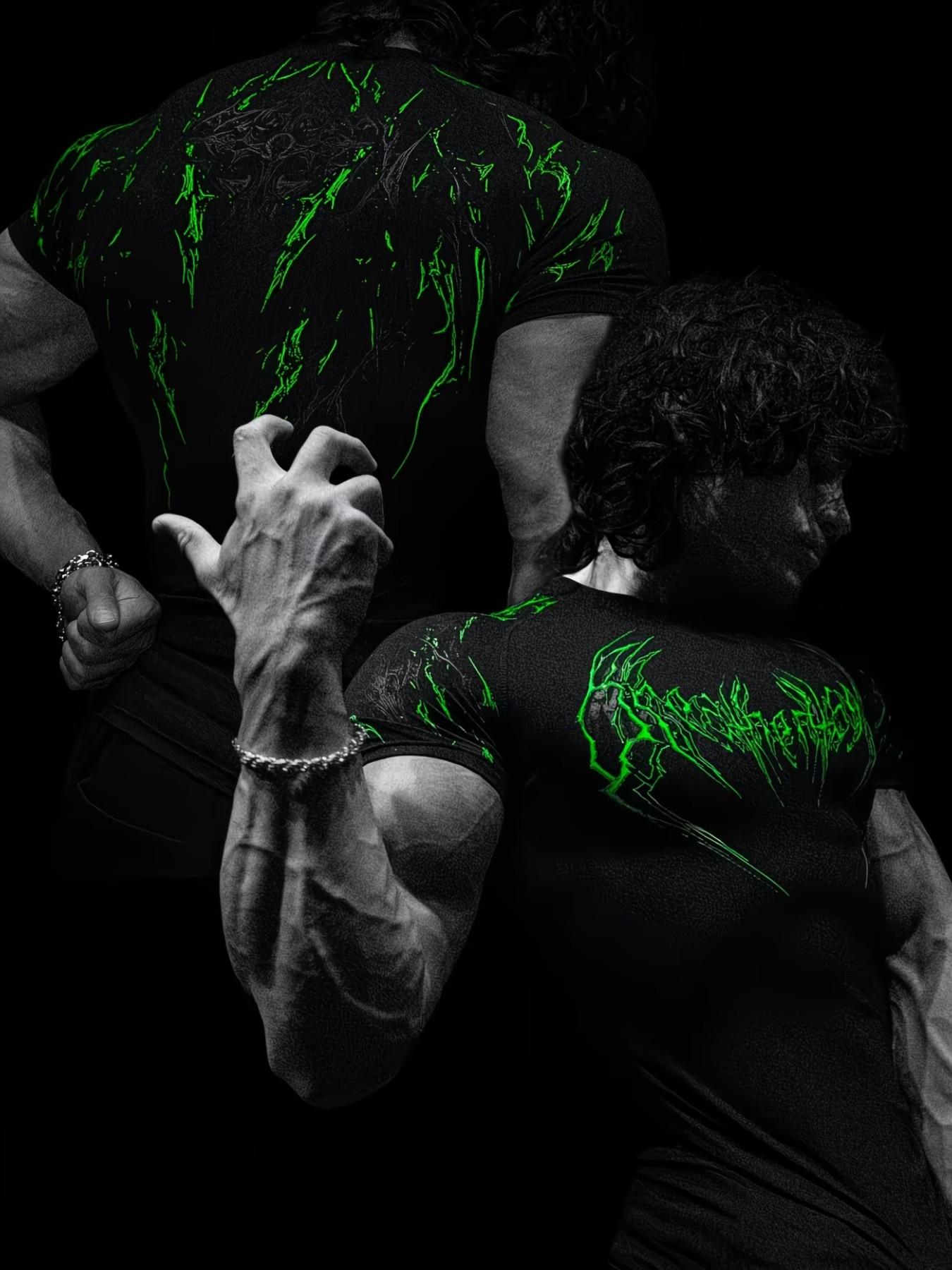 Men's High Elastic Quick-Dry Flame Print Sport T-Shirt, Slim Fit Breathable Short Sleeve, Muscle Training Running Workout Top