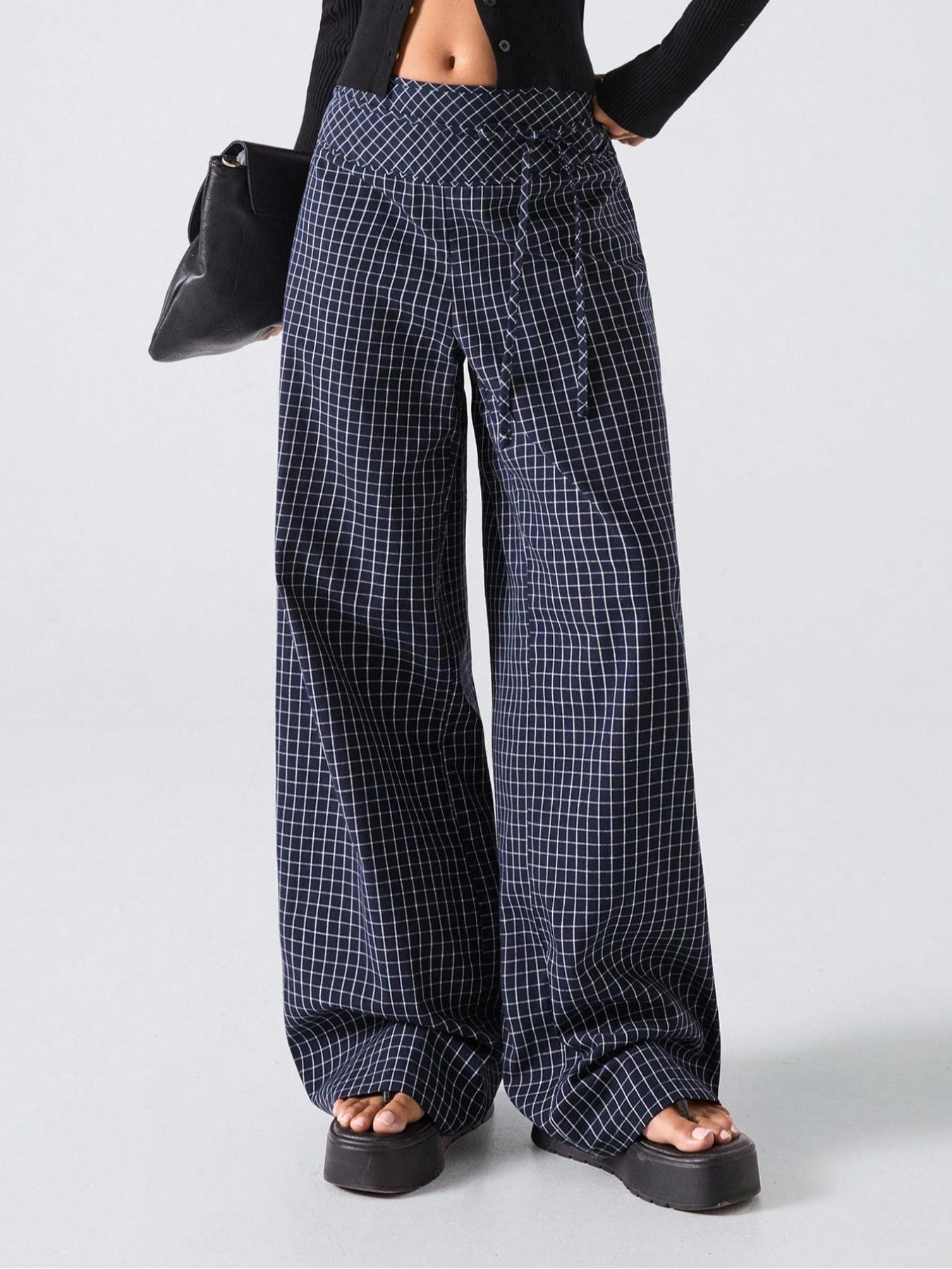 Plaid Print Knot Waist Wide Leg Pants, Casual Street Trousers, Vintage British Style, Fashionable and Versatile, Slimming Fit, Comfortable, All Seasons