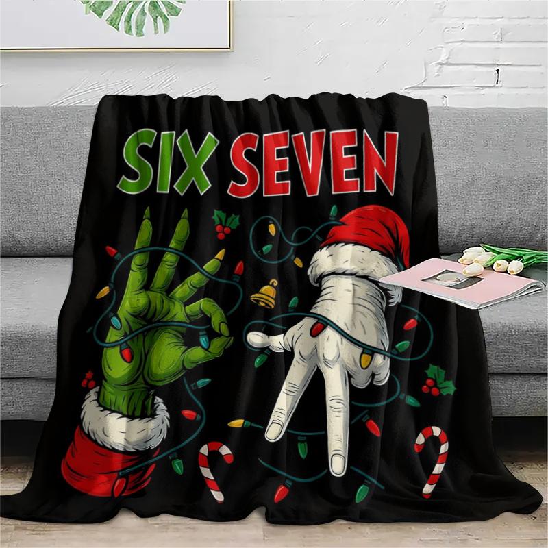 Personalized Christmas Number 67 Flannel Blanket, Grinch Gesture Decorative Warm Home Blanket, Ideal for Home Office Travel Camping