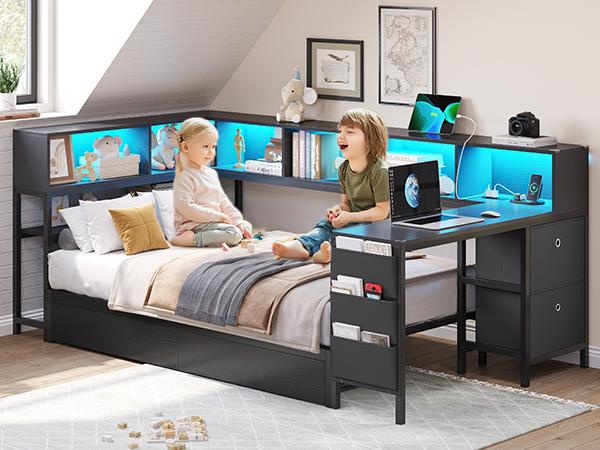 Hasuit Twin Corner Bed with Desk and Storage Bookcase, Daybed with 2 Drawers & 2 Storage Bins, Twin Size Platform Bed Frame with Charging Station and LED Light, Modern Teenagers Bedframe