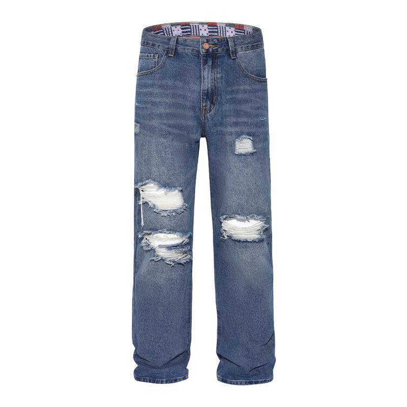 MZNBURAM Men's Ripped Non-Stretch Relaxed Fit Straight-Leg Denim Pants Jeans-Menswear Streetwear Trouser