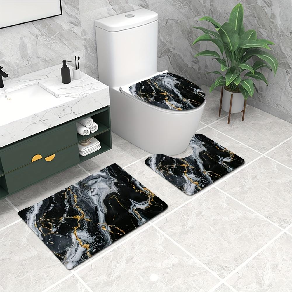 3pcs Black and Golden Faux Marble Pattern Rug Set, 0.8cm Flannel Material, Modern Minimalist Style, Non-Slip Bath Mat, O-Shaped Non-Slip Toilet Seat Cover, Exquisite Home Decor Set