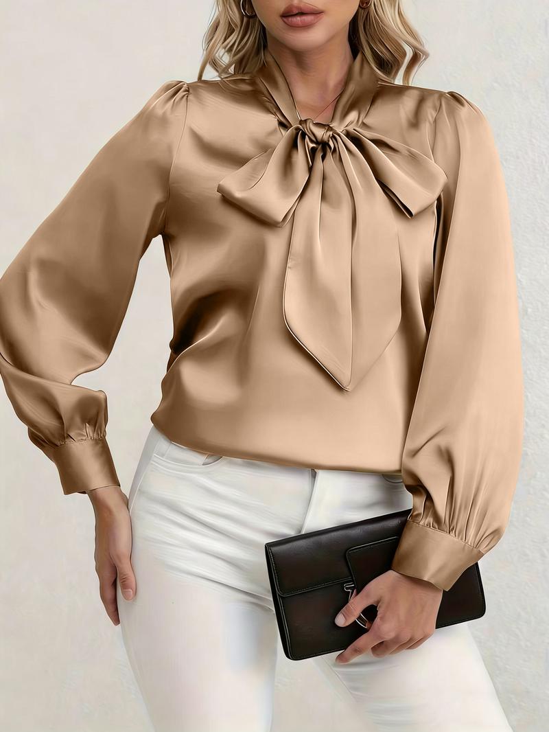 Elegant Satin Blouse with Bow Tie Neck, Fitted Casual Shirt for Work and Dates, Chic Spring & Fall Wardrobe Essential