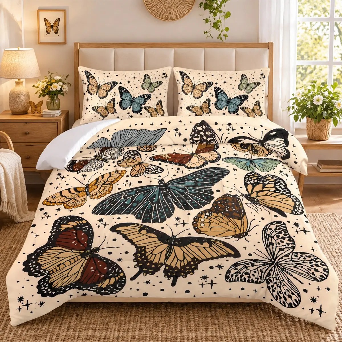 3pcs, Printed bedding set, Retro-style multi-colored butterfly, beige print quilted comforter, 2 pillowcases, pillow insert not included, soft breathable comfortable, multiple sizes, ideal for master or guest room