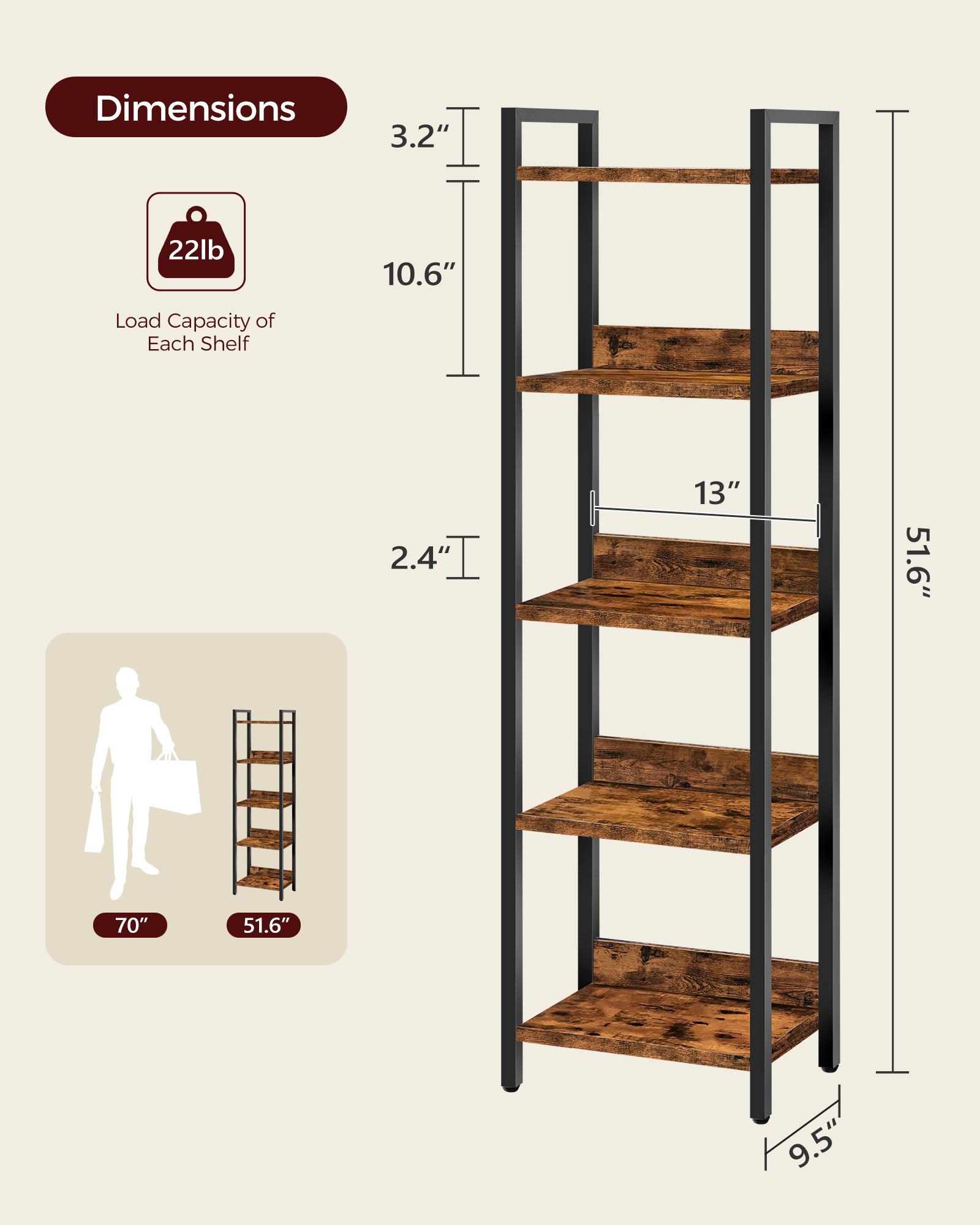 MAHANCRIS 5-Tier Rustic Brown Bookshelf, Bookcase, Anti-tipping Small Space Wooden Storage Shelf Organizer, for Living Room, Bedroom, Study, Balcony