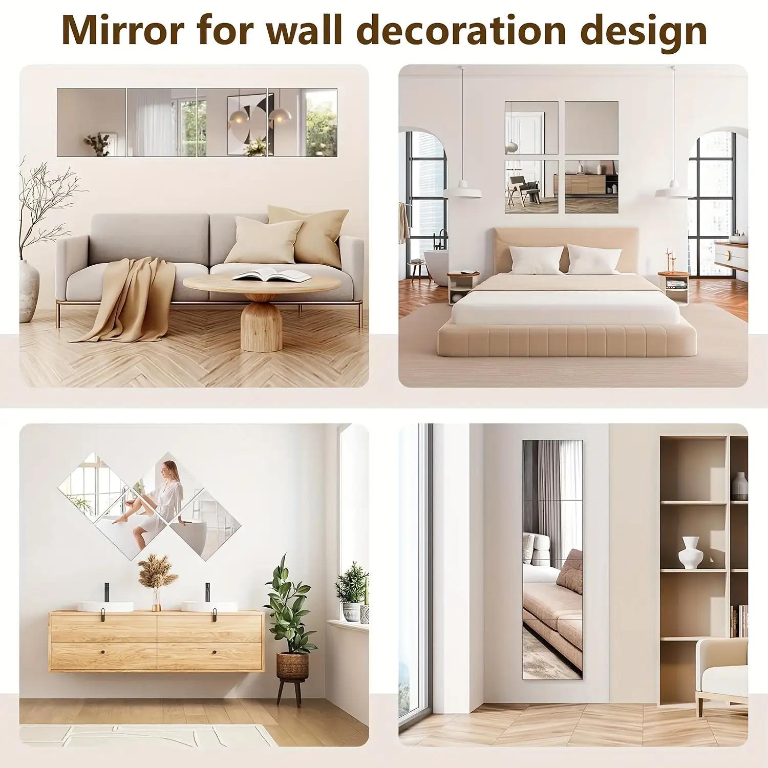 12-Pack 20×20cm Acrylic Mirror Tiles, thick frameless self-adhesive design. Easy to install vertically or horizontally, lightweight and durable. Perfect for living room, bathroom, shower, dressing room and bedroom, modern stylish wall decor.