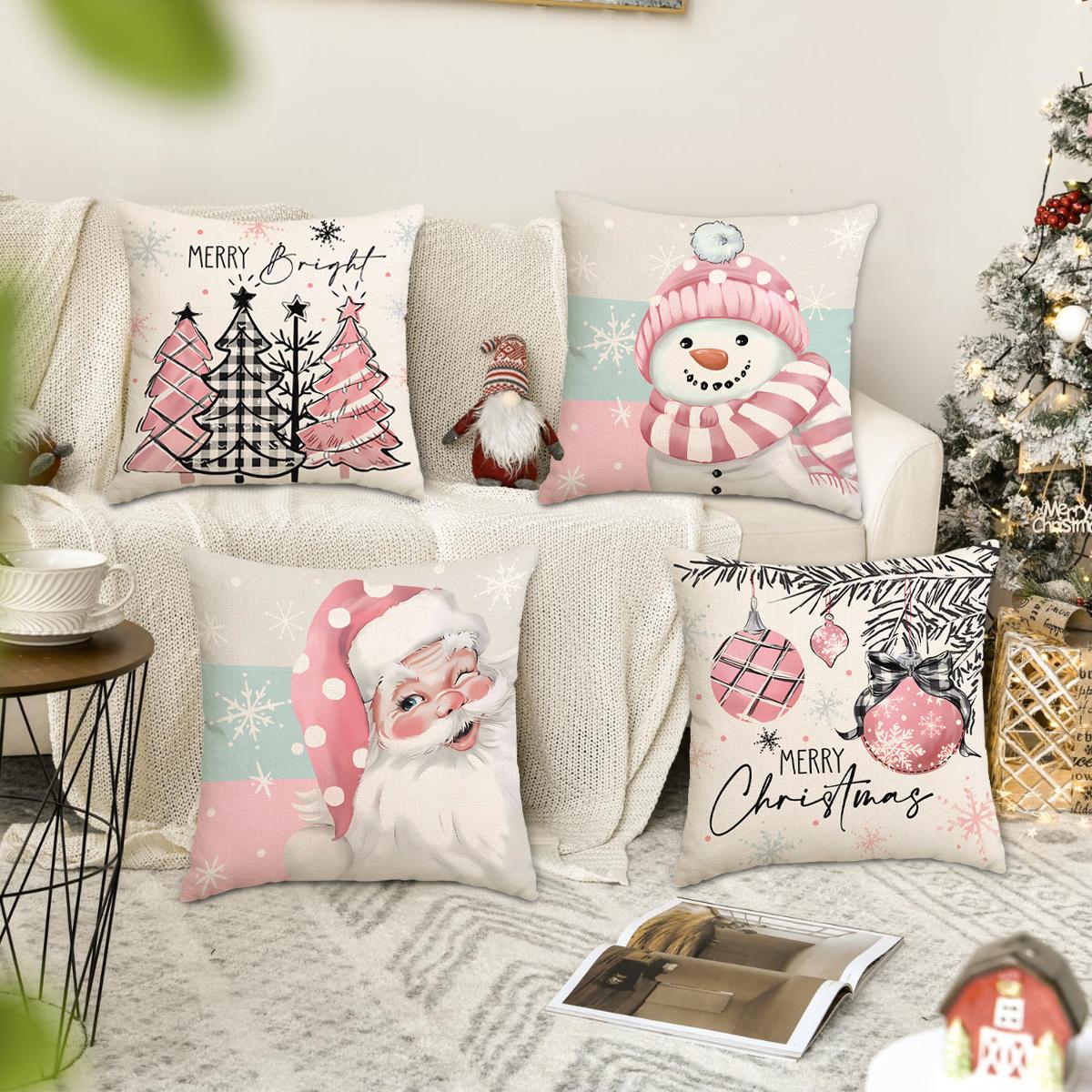 4pcs Christmas Pillow Cover, Santa Claus, Christmas Tree Snowman Pattern Single sided Printed Cushion Cover, Suitable for Christmas Bedroom, Living Room, Sofa, Farmhouse, Bed, Car Decoration Cushion Pillow Cover (No Pillow Core)
