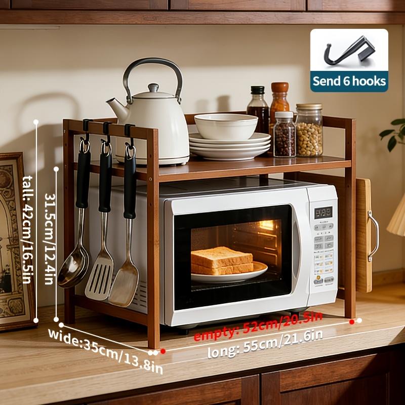 1pcs Bamboo Kitchen Countertop Oven Rack with Hooks and Cutting Board Holder Space Saving Vertical Microwave Storage Shelf Multi - functional Condiment Organizer Heavy Duty Easy Installation