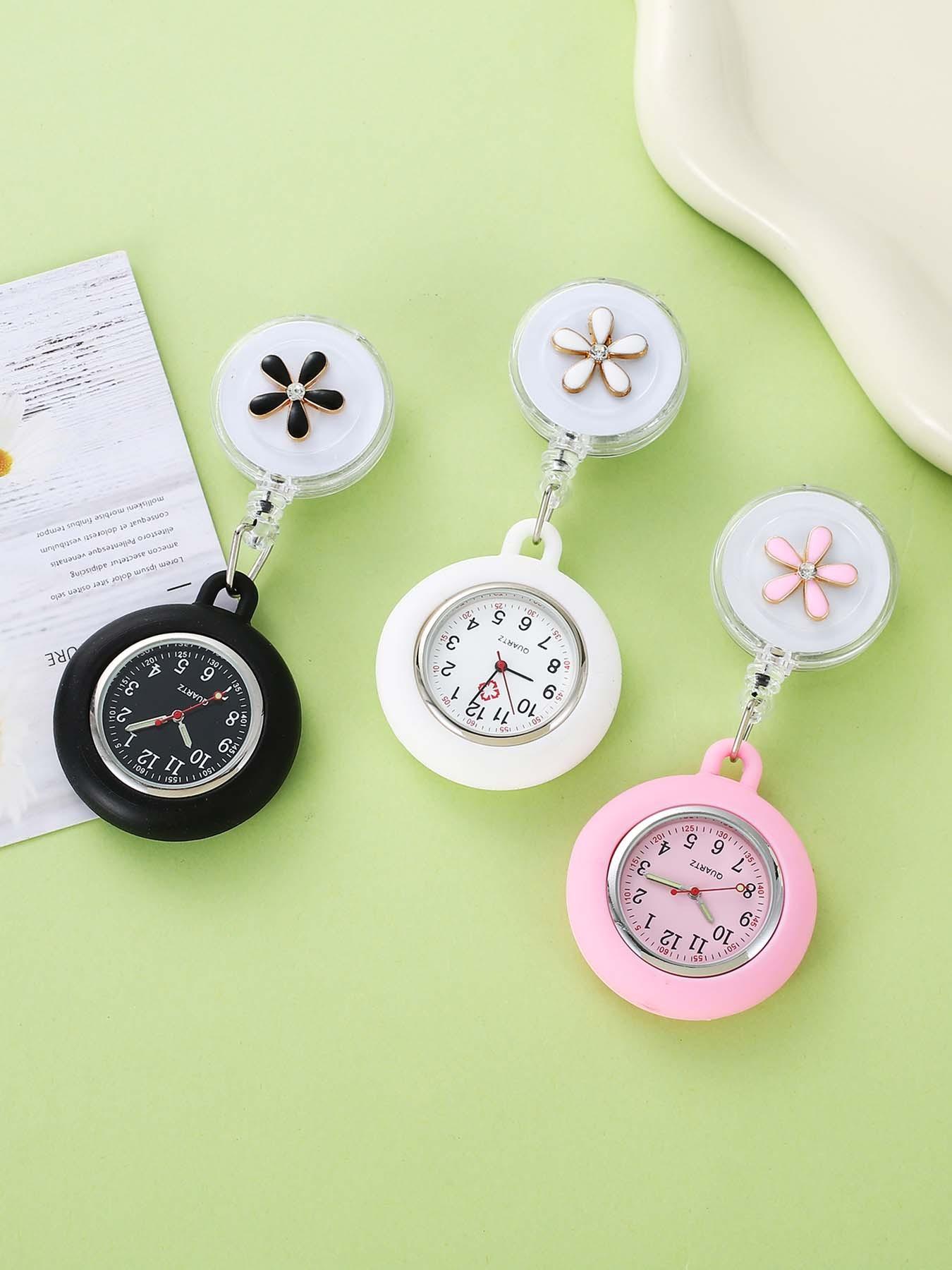 3-Piece Expandable Pocket Watch Set with Clips, Flower Design, Suitable for Nurses and Doctors, Analog Quartz, Hospital Use