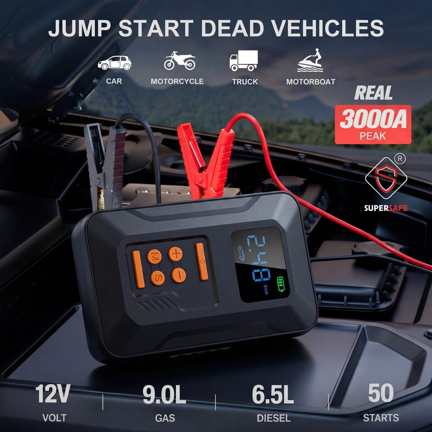 Anqva Q3 Jump Starter with Air Compressor, 3000A Portable Car Battery Booster (9.0 Gas/6.5L Diesel) with 150PSI Auto-Shutoff Tire Inflator, 12V Supersafe Lithium Jump Box Car Battery Jumper Starter Anqva Q3 Jump Starter with Air Compressor, 3000A Portable Car Battery Booster (9.0 Gas/6.5L Diesel) with 150PSI Auto-Shutoff Tire Inflator, 12V Supersafe Lithium Jump Box Car Battery Jumper Starter