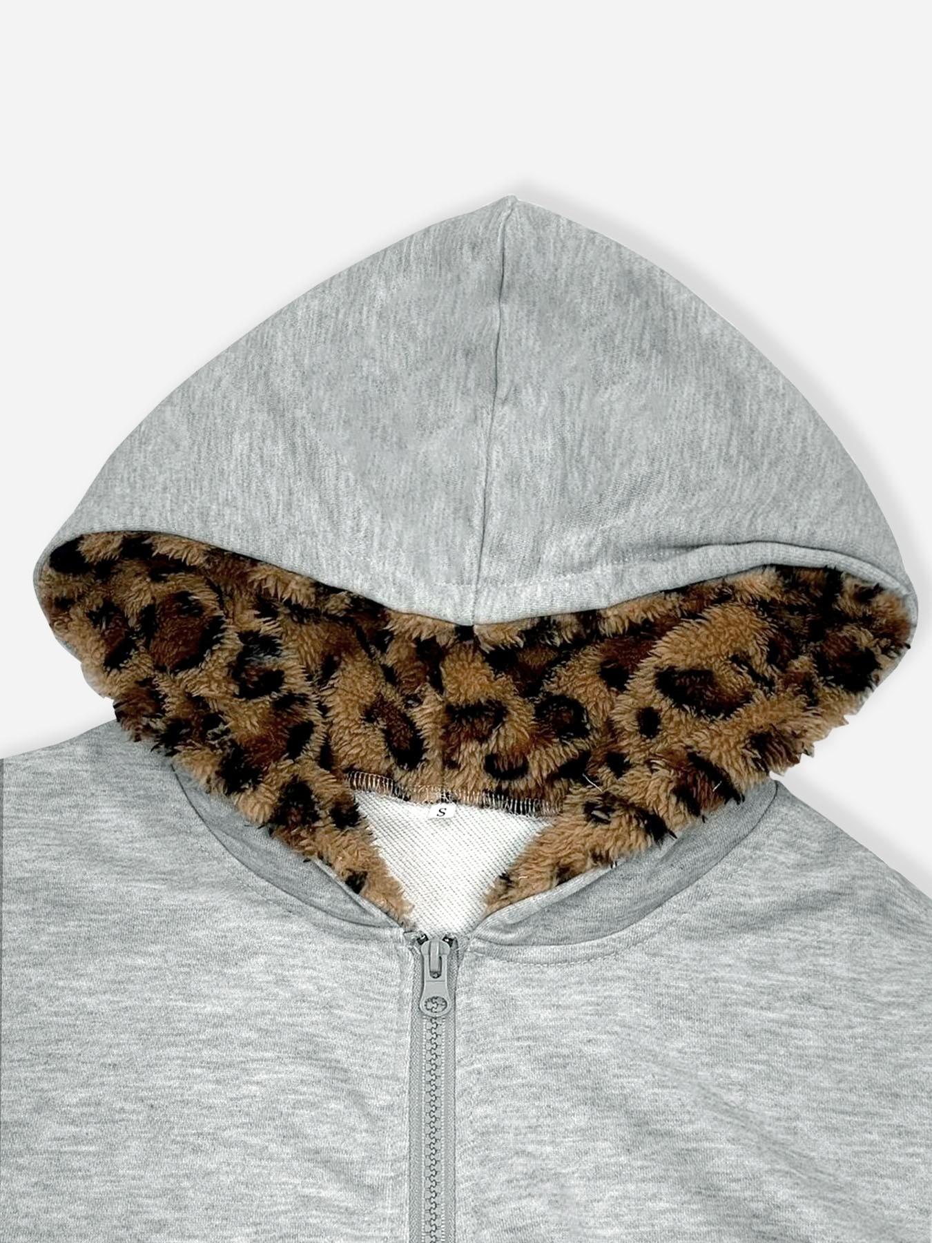 Women's Gray Zip Up Hoodie, Sweatshirts, Slim Waist Long Sleeve Jacket With Leopard Print Lining And Pockets, Y2K Street Style, Ideal For Daily And Hip Hop Outfits